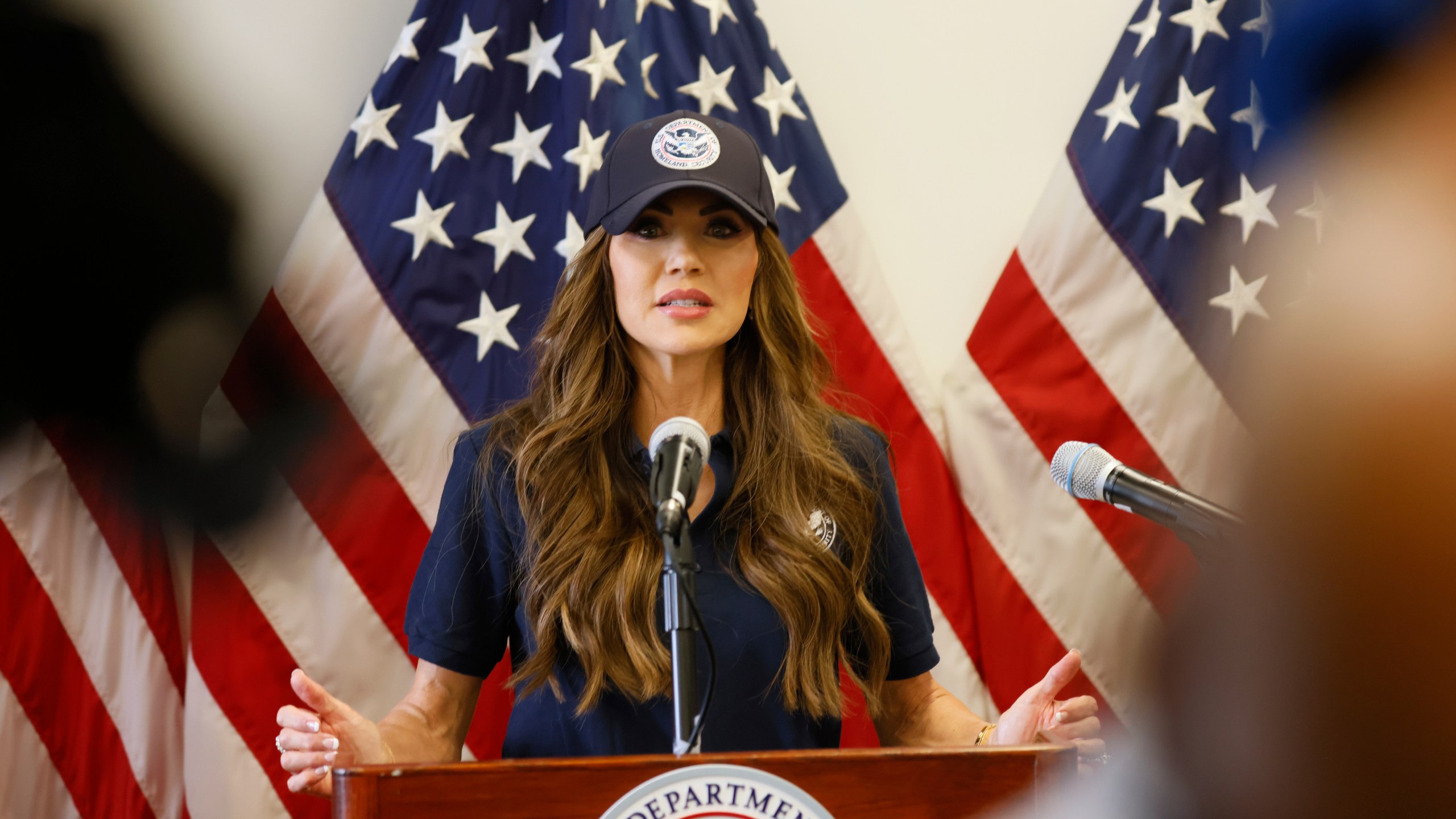 Homeland Security Secretary Kristi Noem holds a news conference regarding the recent protests in Los Angeles on Thursday, June 12, 2025. (AP Photo/Etienne Laurent)
