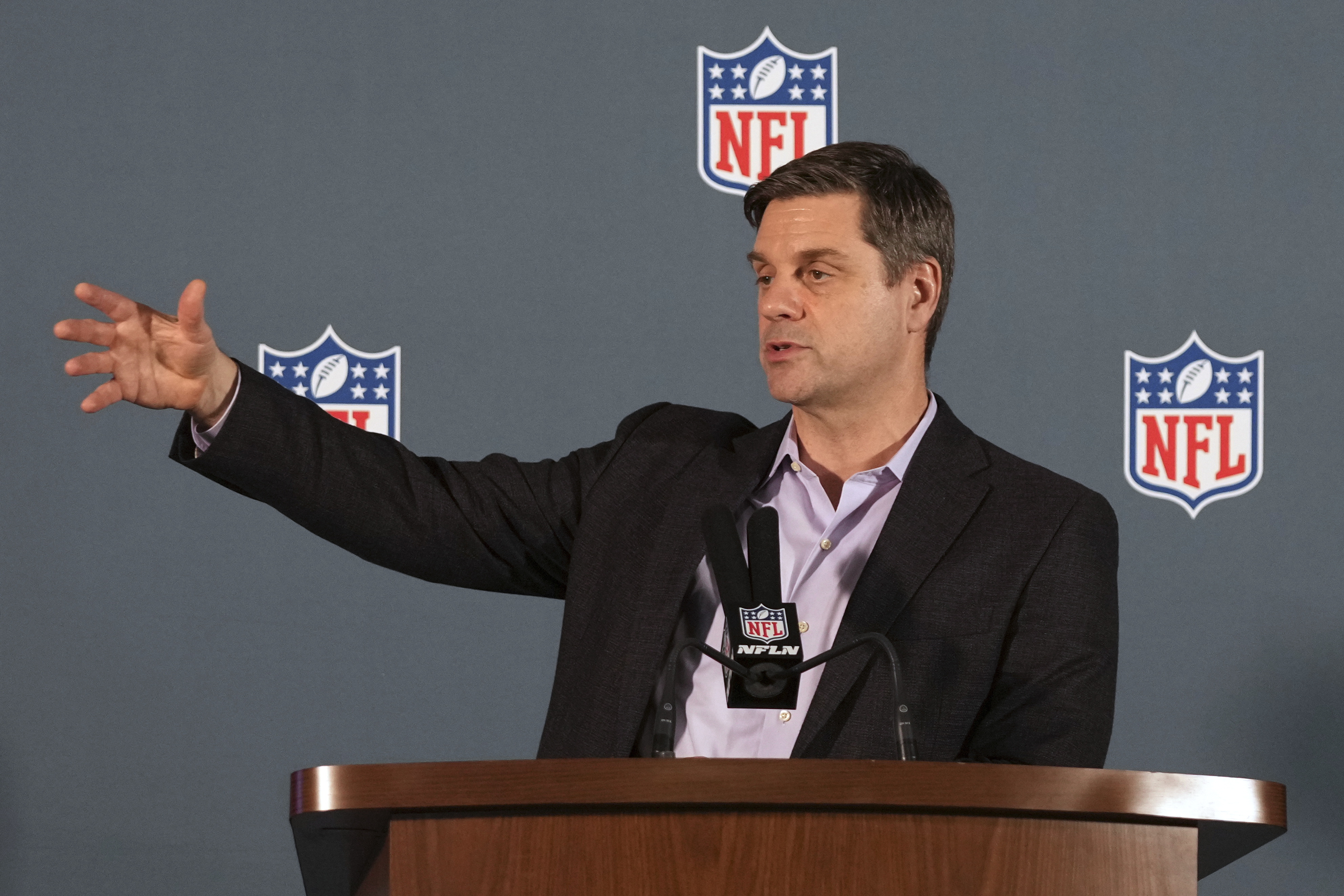FILE - Brian Rolapp, NFL executive vice president and chief media and business officer, speaks during a news conference at the NFL football annual meetings, March 31, 2025, in Palm Beach, Fla. (AP Photo/Lynne Sladky, File)