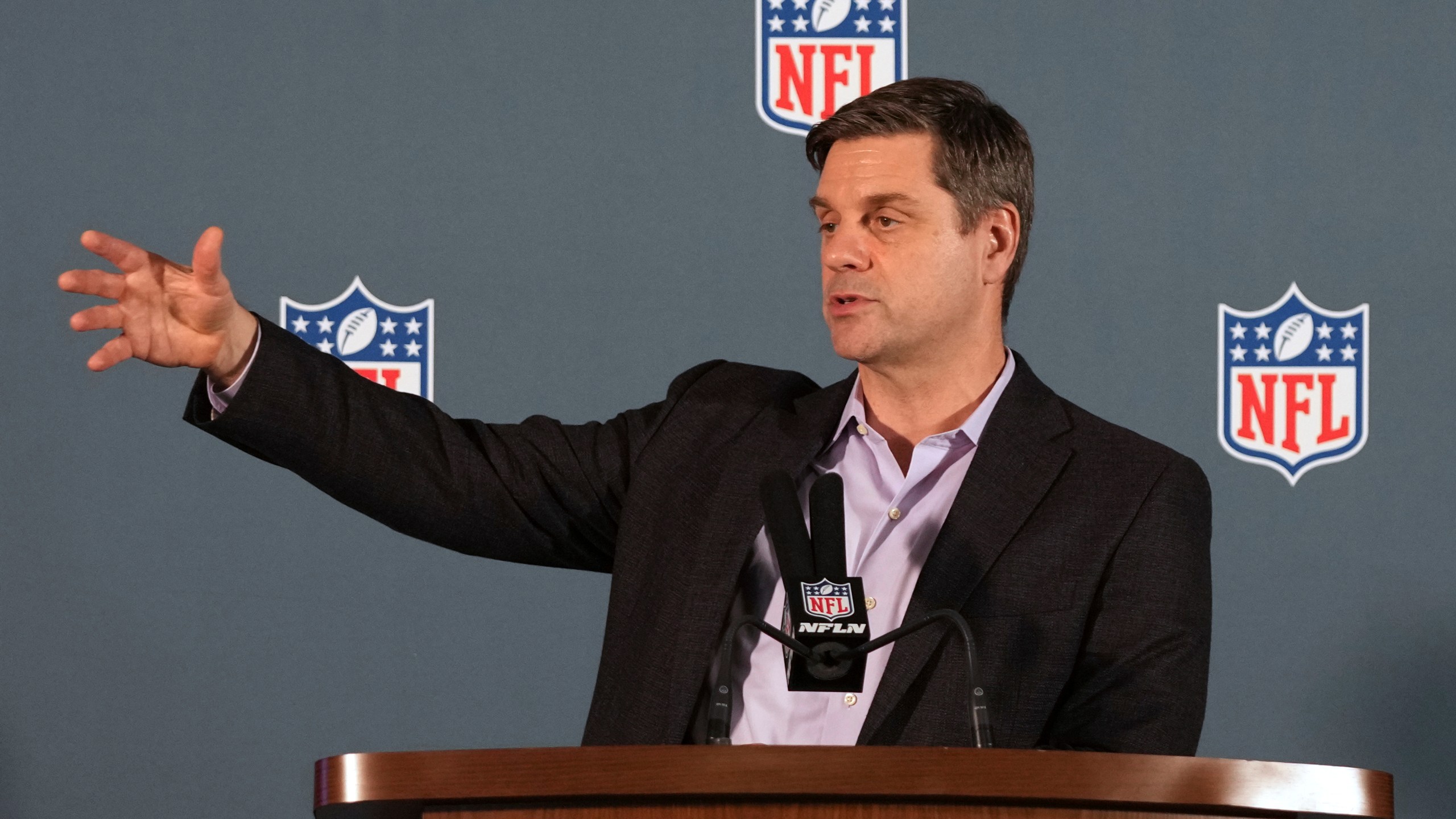 FILE - Brian Rolapp, NFL executive vice president and chief media and business officer, speaks during a news conference at the NFL football annual meetings, March 31, 2025, in Palm Beach, Fla. (AP Photo/Lynne Sladky, File)