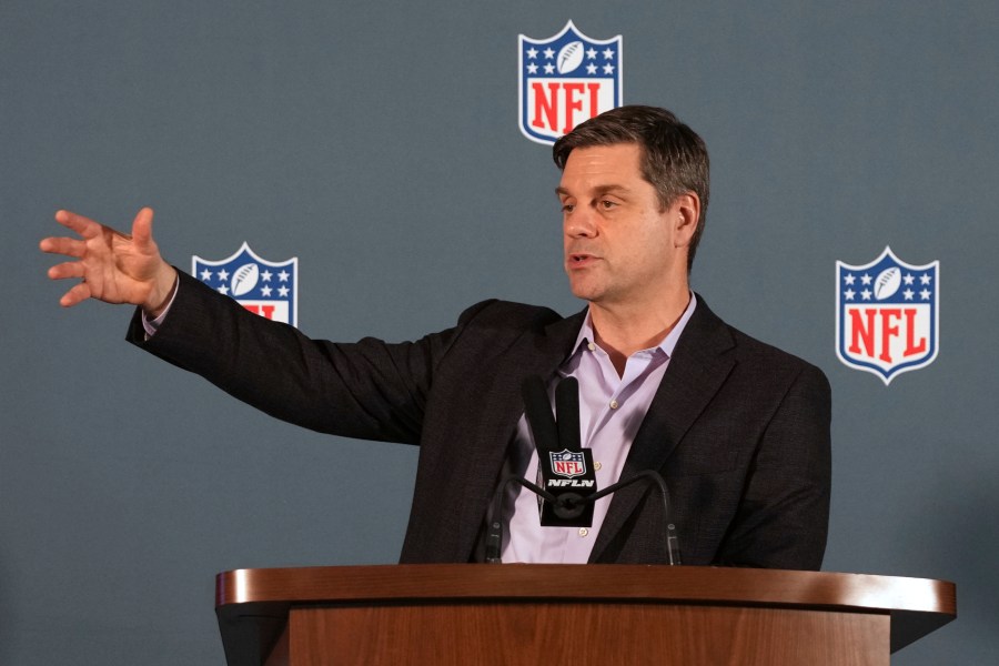 FILE - Brian Rolapp, NFL executive vice president and chief media and business officer, speaks during a news conference at the NFL football annual meetings, March 31, 2025, in Palm Beach, Fla. (AP Photo/Lynne Sladky, File)