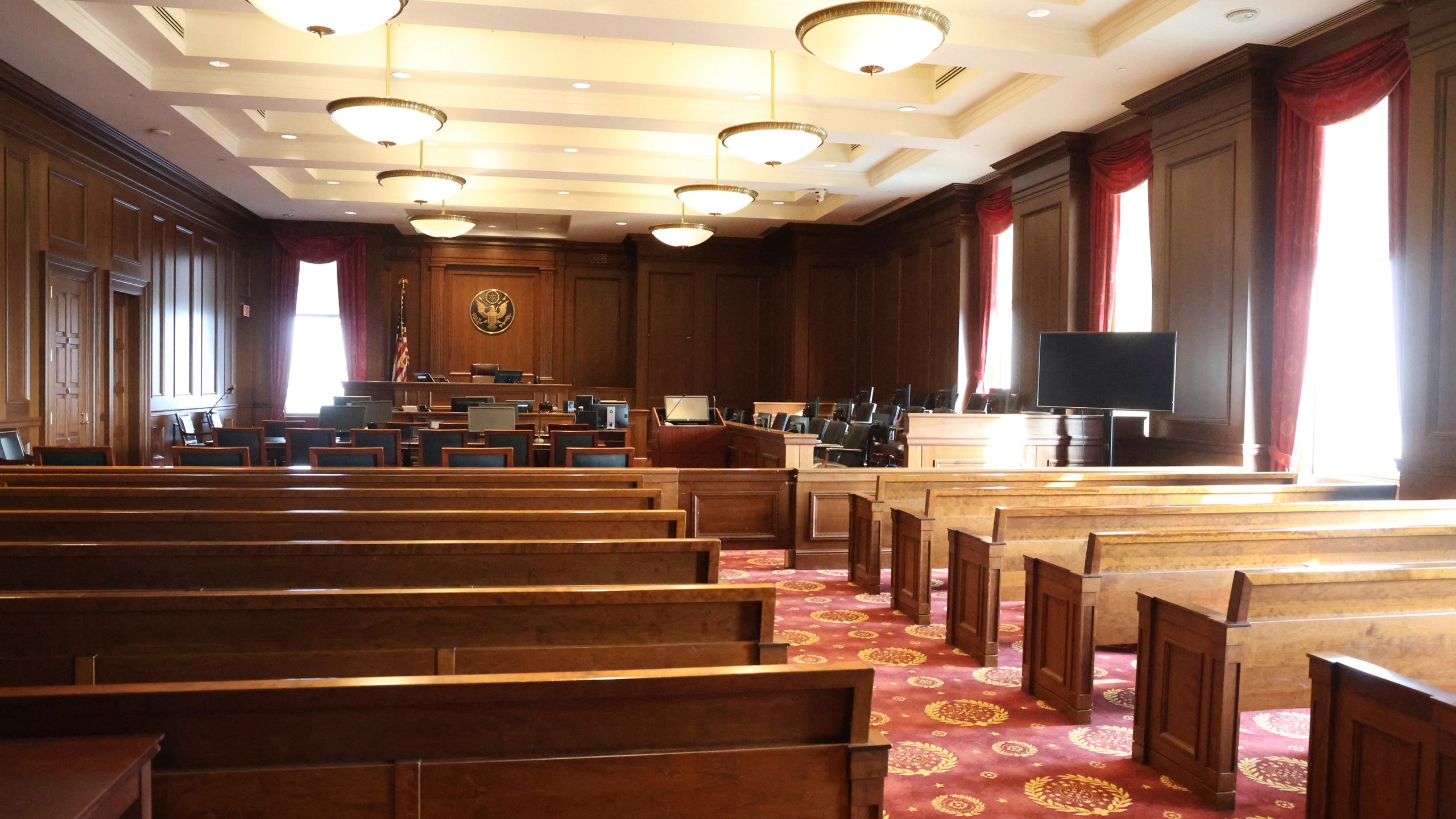 Inside a federal courtroom is shown, similar to the room where the trial of Sean “Diddy” Combs’ is being held in Federal District court in Manhattan on Friday, June 6, 2025 in New York. (Jefferson Siegel /The New York Times via AP, Pool)