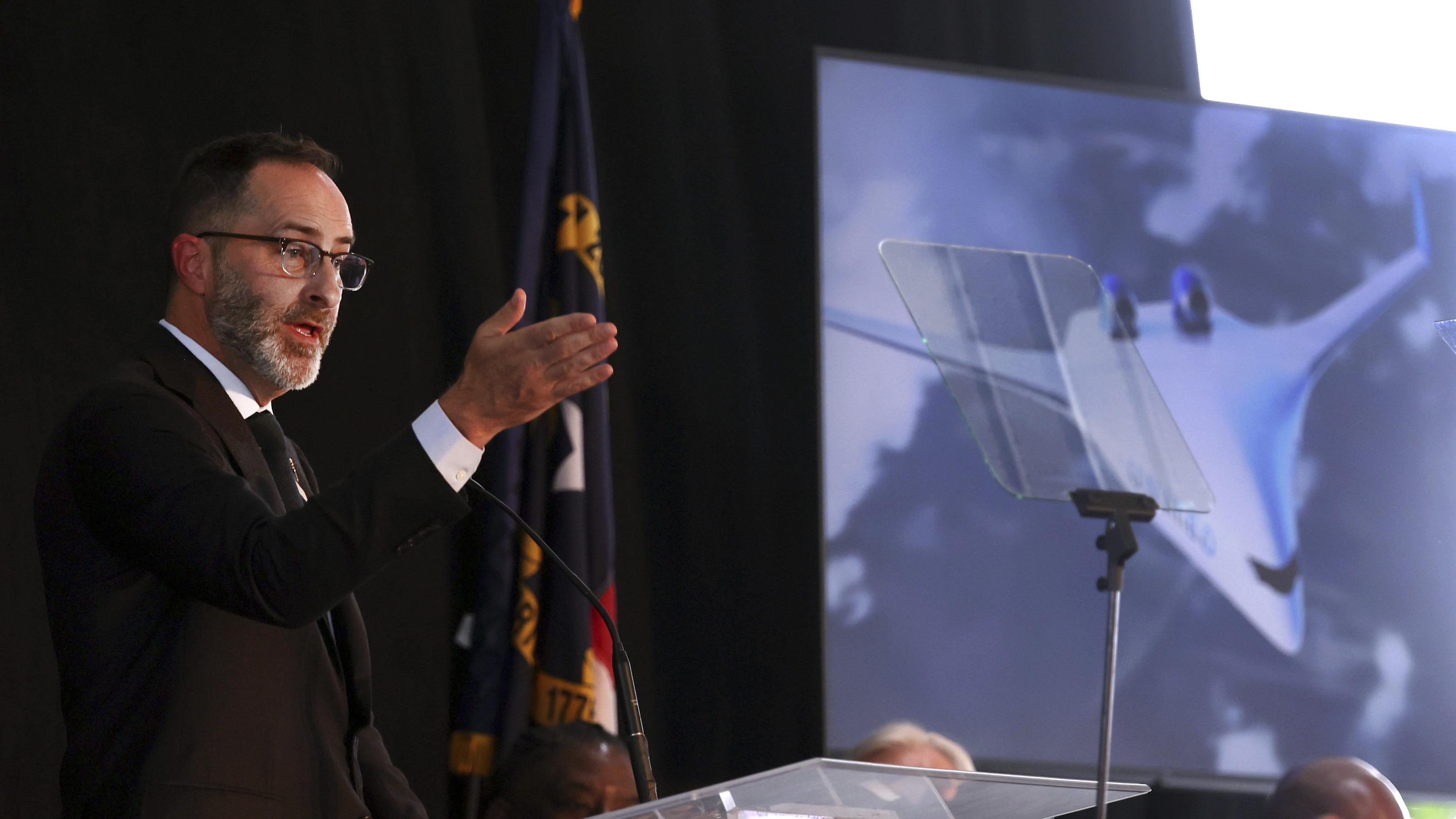 JetZero CEO and co-founder Tom O'Leary speaks during a ceremony on Thursday, June 12, 2025, announcing that the company will build its manufacturing facility for its future Z4 passenger jet at Piedmont Triad International Airport in Greensboro, N.C. (Walt Unks/The Winston-Salem Journal via AP)