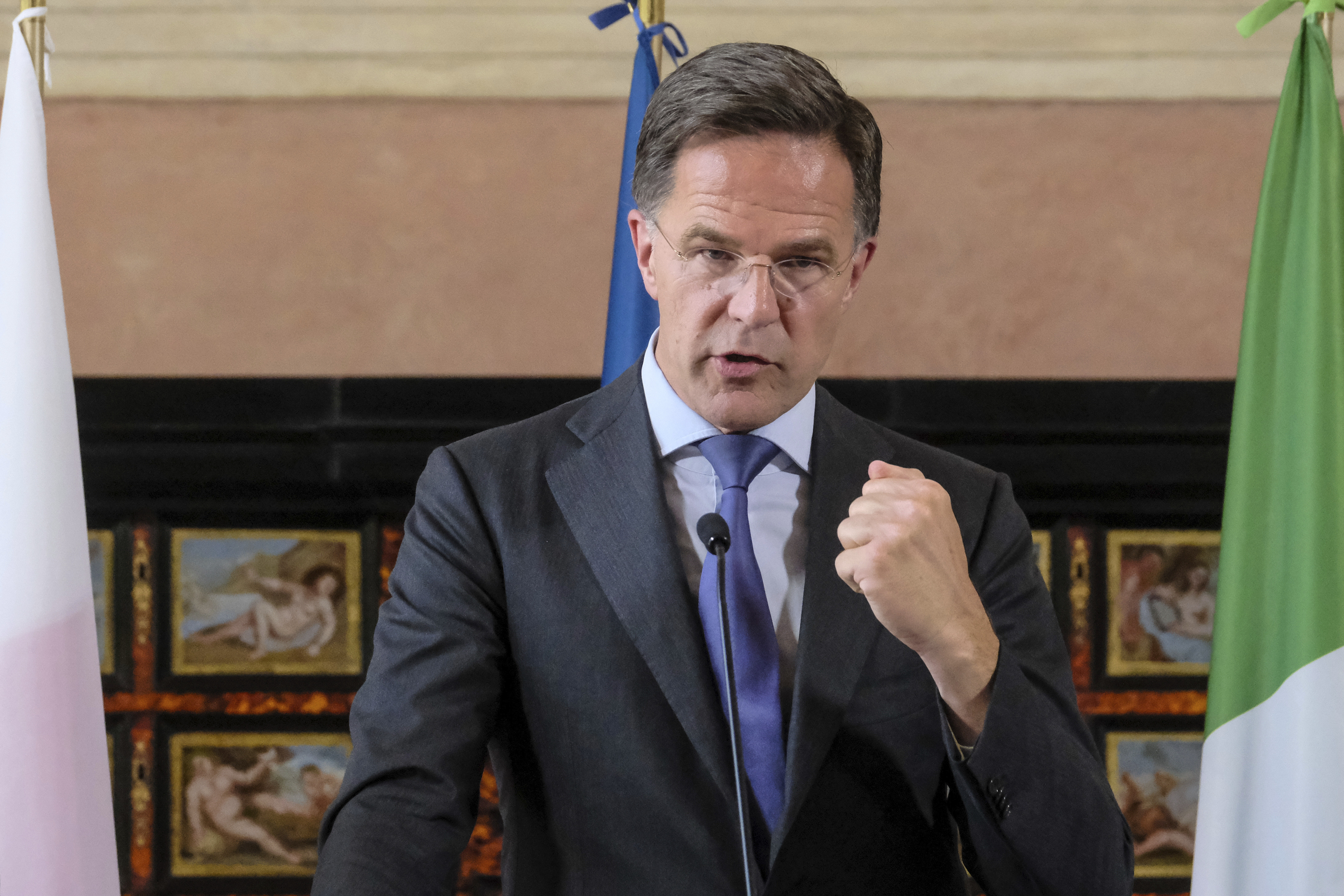 NATO Secretary General Mark Rutte attends the "Weimar Plus" Ministerial meeting in Rome, Thursday, June 12 2025. (Mauro Scrobogna/LaPresse via AP)