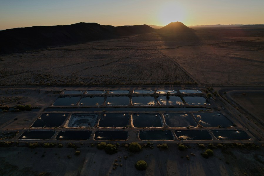 Sunlight reflects off artificial ponds Saturday, April 19, 2025, at a Mainstream USA fish farm in Dateland, Ariz. (AP Photo/Joshua A. Bickel)