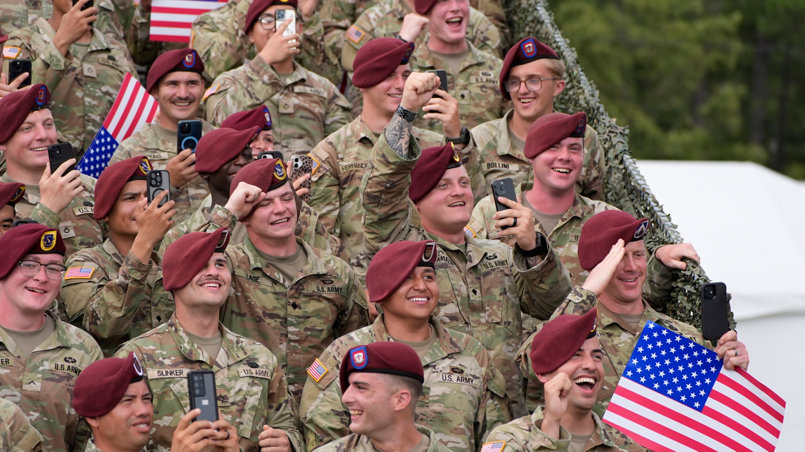 Army soldiers listen as President Donald Trump speaks at Fort Bragg, Tuesday, June 10, 2025, in Fort Bragg, N.C. (AP Photo/Alex Brandon)