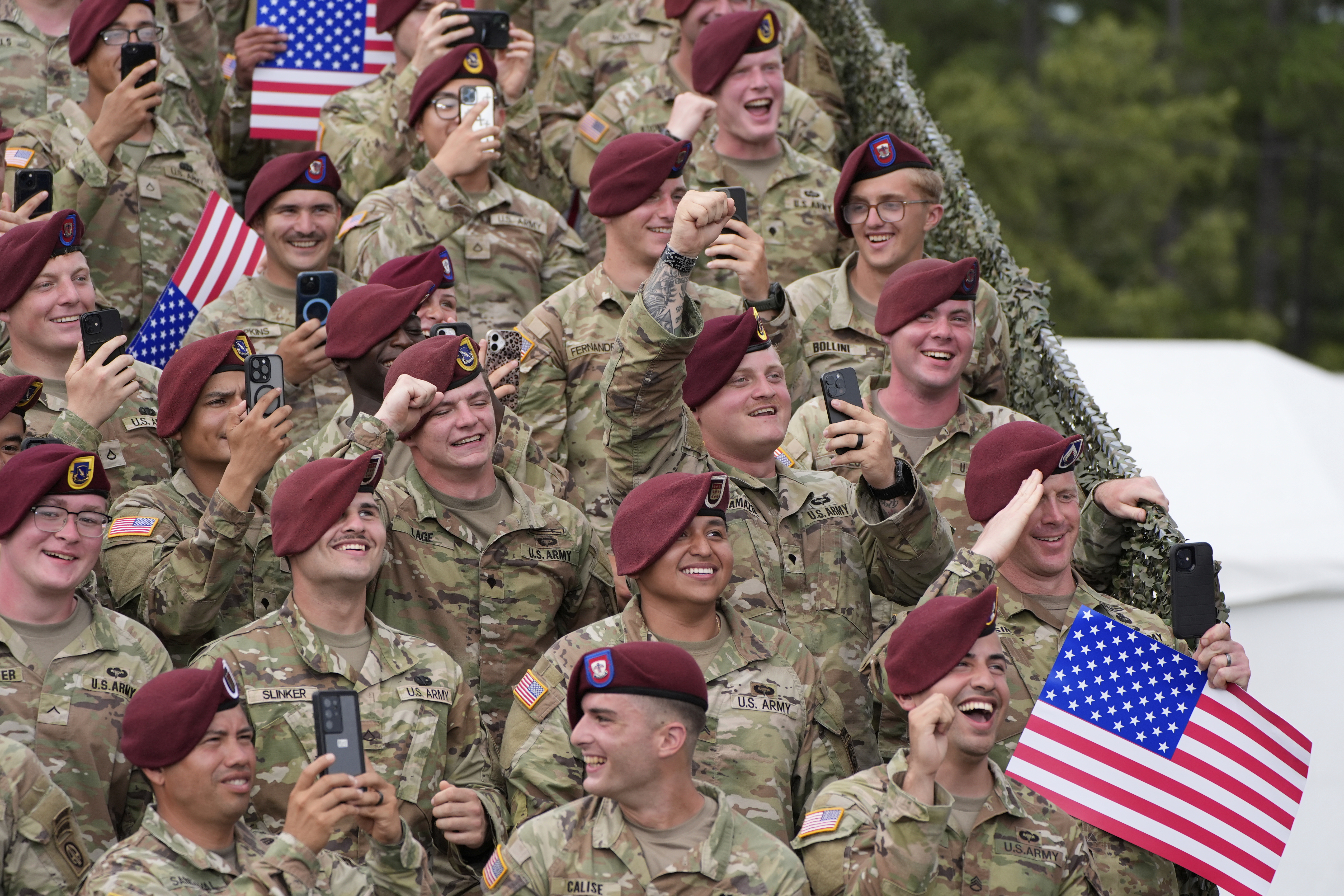 Army soldiers listen as President Donald Trump speaks at Fort Bragg, Tuesday, June 10, 2025, in Fort Bragg, N.C. (AP Photo/Alex Brandon)