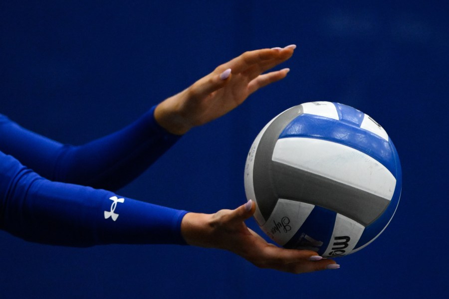 FILE - A San Jose State Spartans player prepares to serve against the Air Force Falcons during the fifth set of an NCAA college volleyball match Thursday, Oct. 31, 2024, in San Jose, Calif. (AP Photo/Eakin Howard, File)