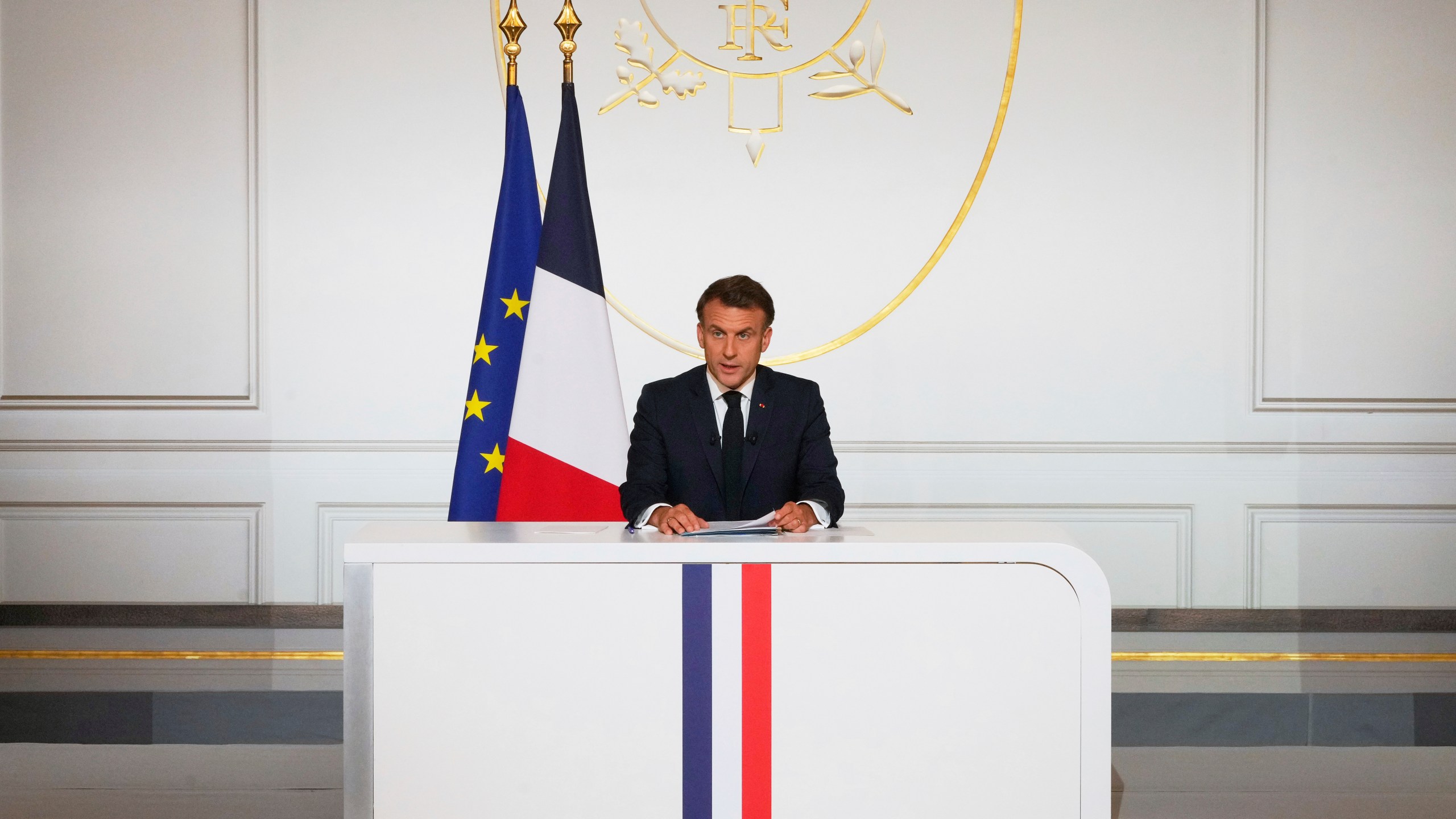 French President Emmanuel Macron holds a news conference at the Elysee Palace, in Paris, Friday, June 13, 2025. (AP Photo/Michel Euler, Pool)