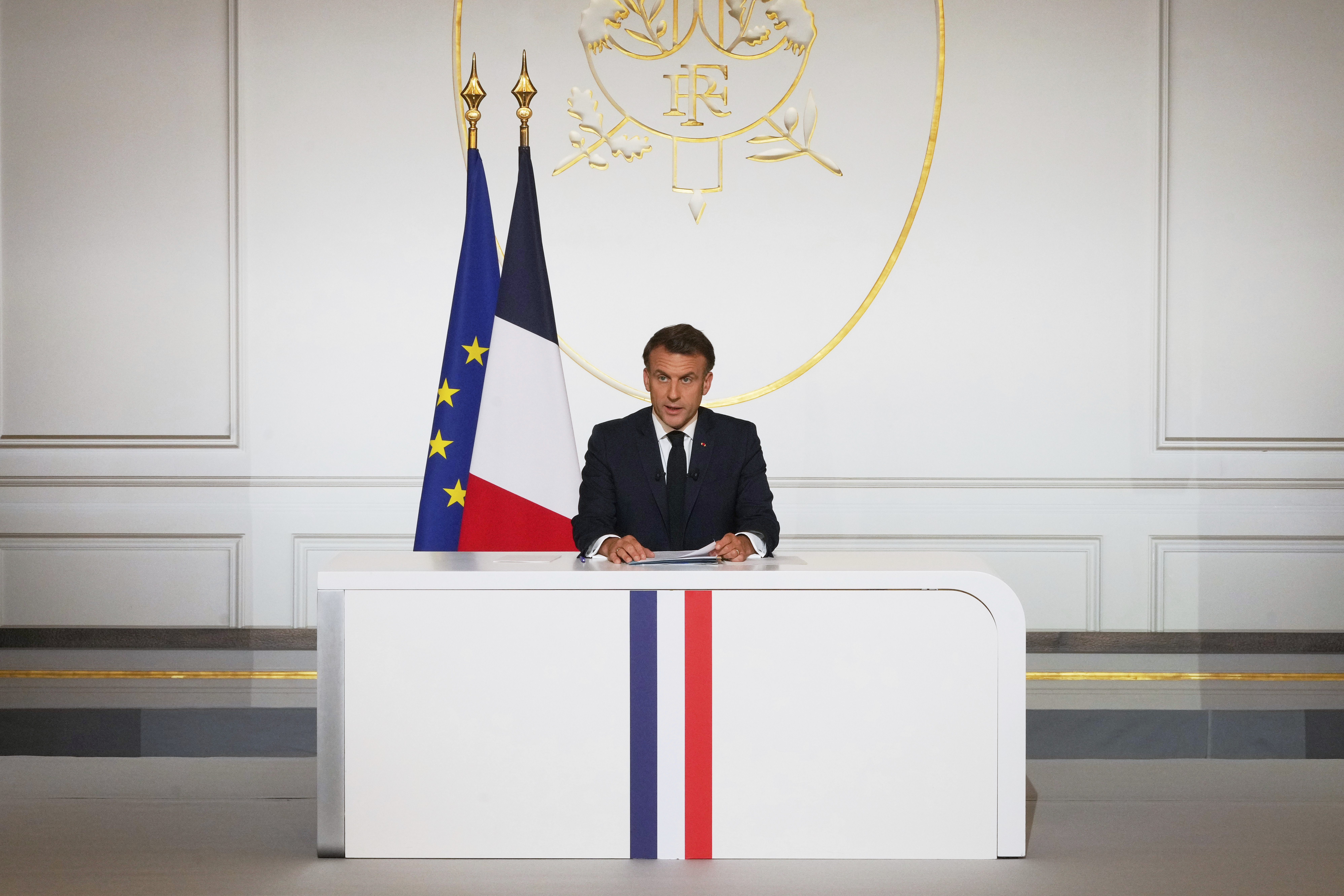 French President Emmanuel Macron holds a news conference at the Elysee Palace, in Paris, Friday, June 13, 2025. (AP Photo/Michel Euler, Pool)