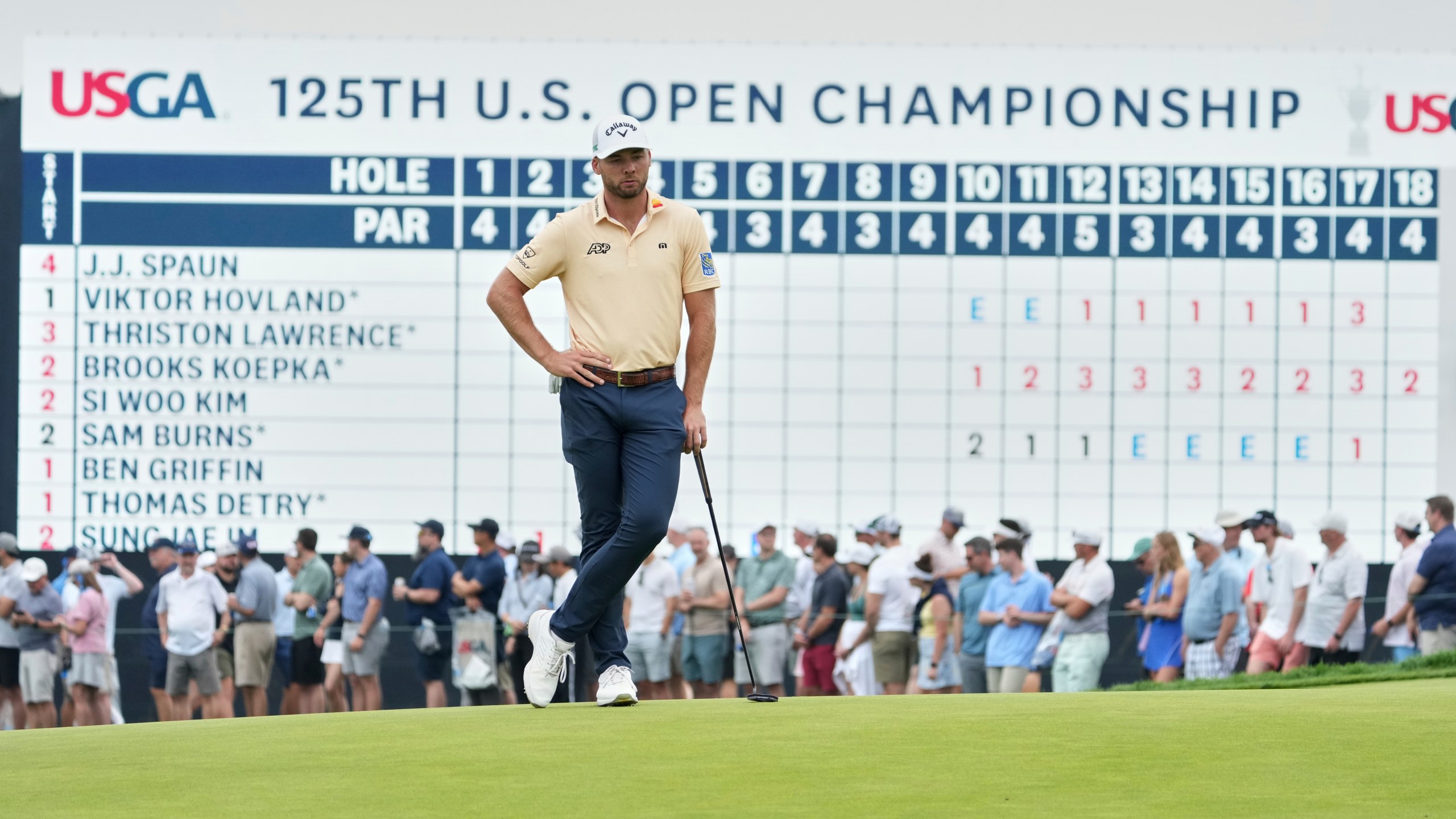 Sam Burns waits to putt on the 18th hole during the second round of the U.S. Open golf tournament at Oakmont Country Club Friday, June 13, 2025, in Oakmont, Pa. (AP Photo/Gene J. Puskar)
