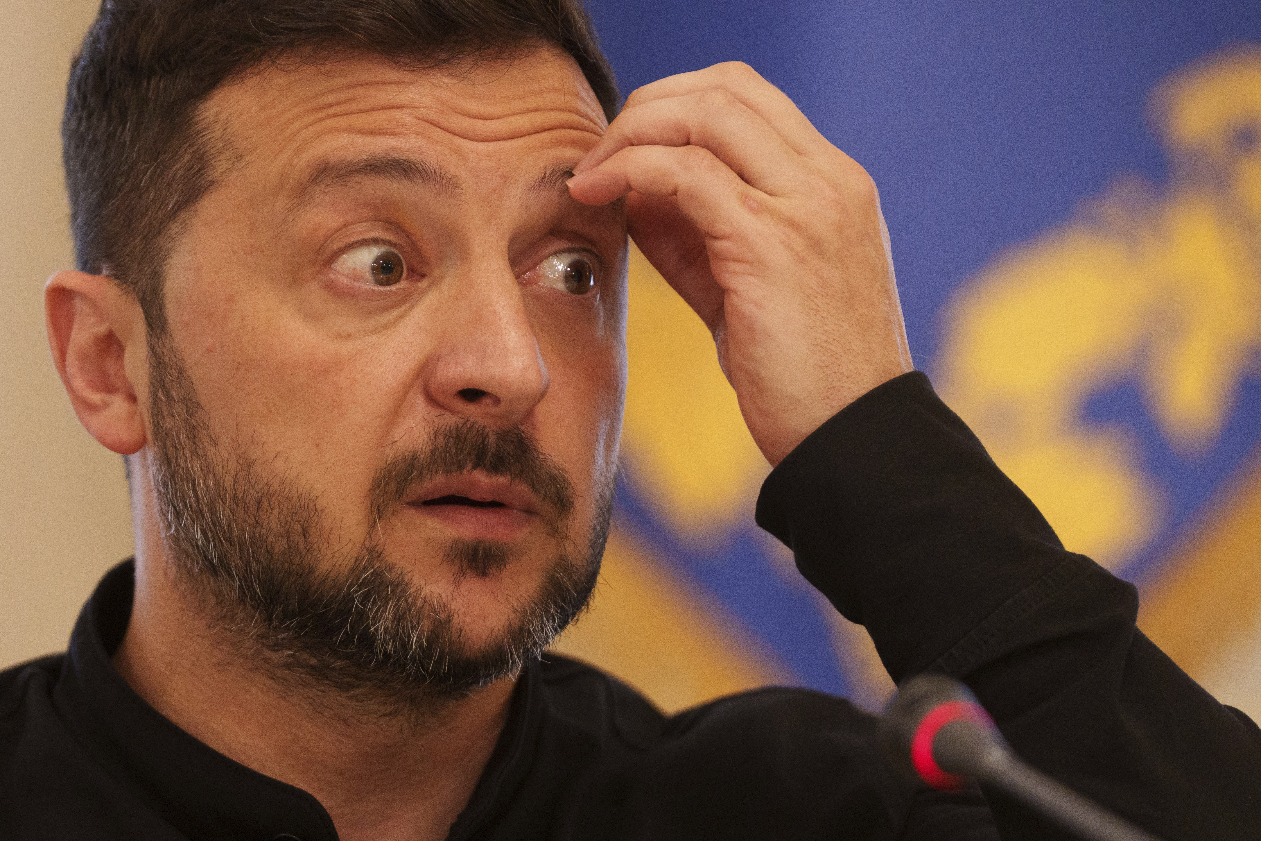 Ukrainian President Volodymyr Zelenskyy speaks to journalists during a press conference in Kyiv, Ukraine, on Wednesday, June 4, 2025. (AP Photo/Evgeniy Maloletka)