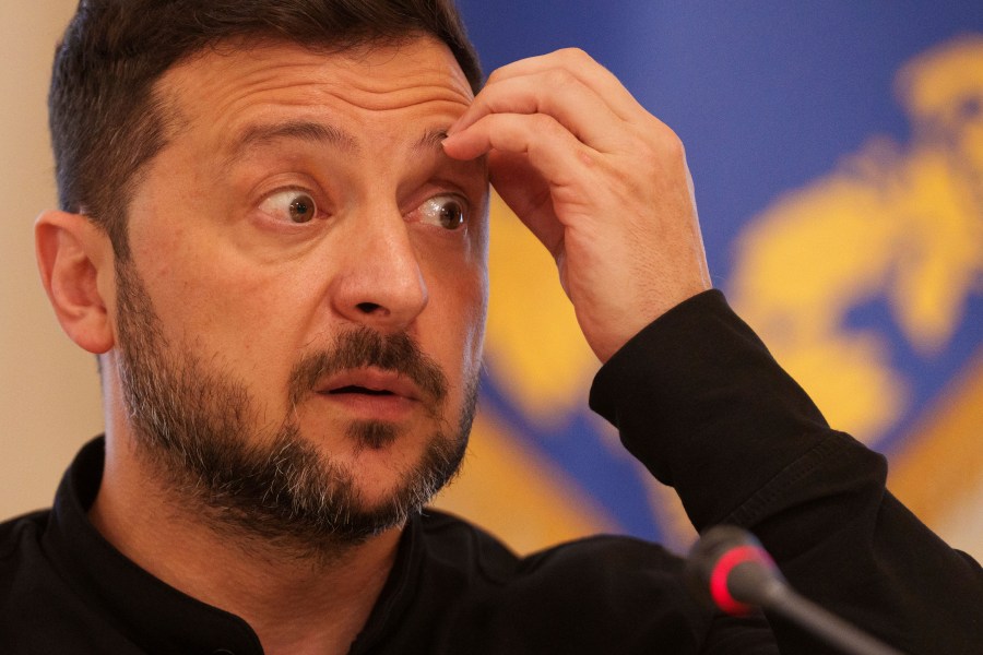 Ukrainian President Volodymyr Zelenskyy speaks to journalists during a press conference in Kyiv, Ukraine, on Wednesday, June 4, 2025. (AP Photo/Evgeniy Maloletka)
