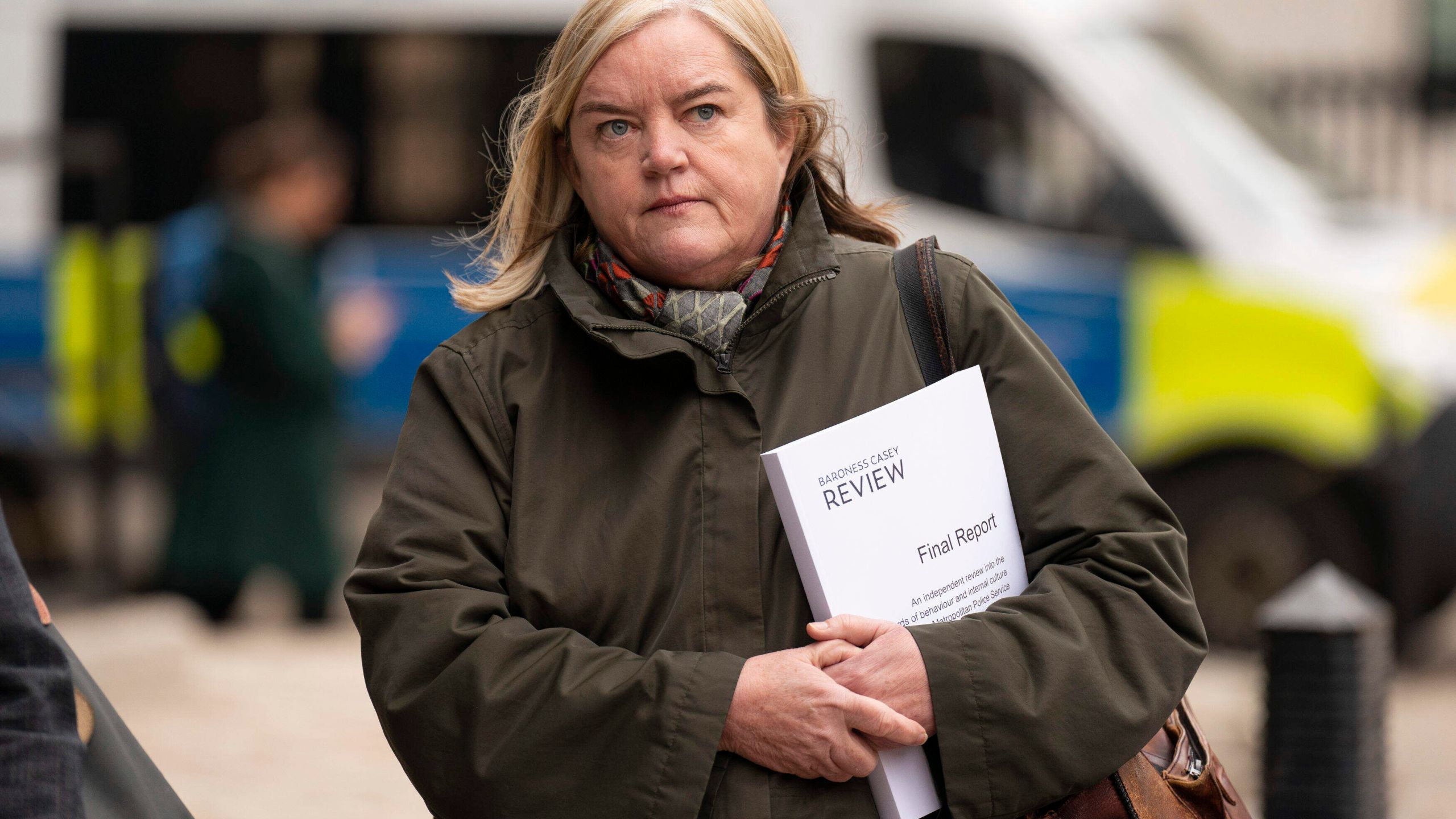 FILE - Baroness Louise Casey arriving at Queen Elizabeth II Conference Centre, Westminster, London, for the press briefing of her review into the standards of behaviour and internal culture of the Metropolitan Police Service, Monday March 20, 2023. (Kirsty O'Connor/Pool via AP, File)