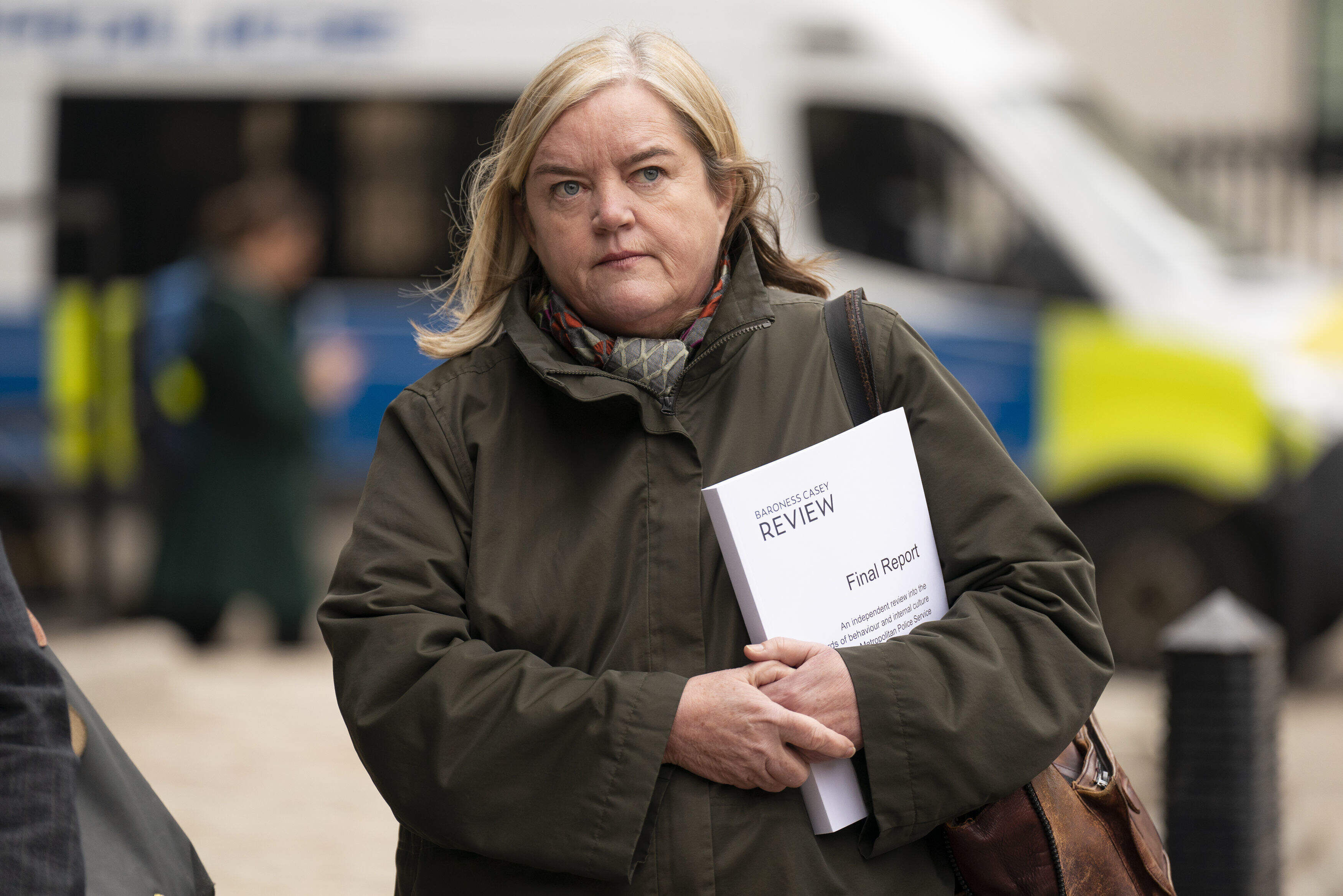 FILE - Baroness Louise Casey arriving at Queen Elizabeth II Conference Centre, Westminster, London, for the press briefing of her review into the standards of behaviour and internal culture of the Metropolitan Police Service, Monday March 20, 2023. (Kirsty O'Connor/Pool via AP, File)