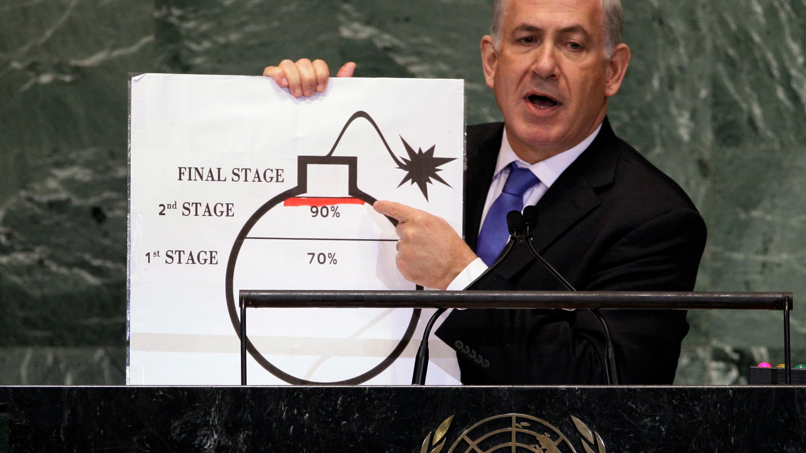 FILE - In this Sept. 27, 2012 file photo, Israeli Prime Minister Benjamin Netanyahu shows an illustration as he describes his concerns over Iran's nuclear ambitions during his address to the 67th session of the United Nations General Assembly at U.N. headquarters. (AP Photo/Richard Drew, File)