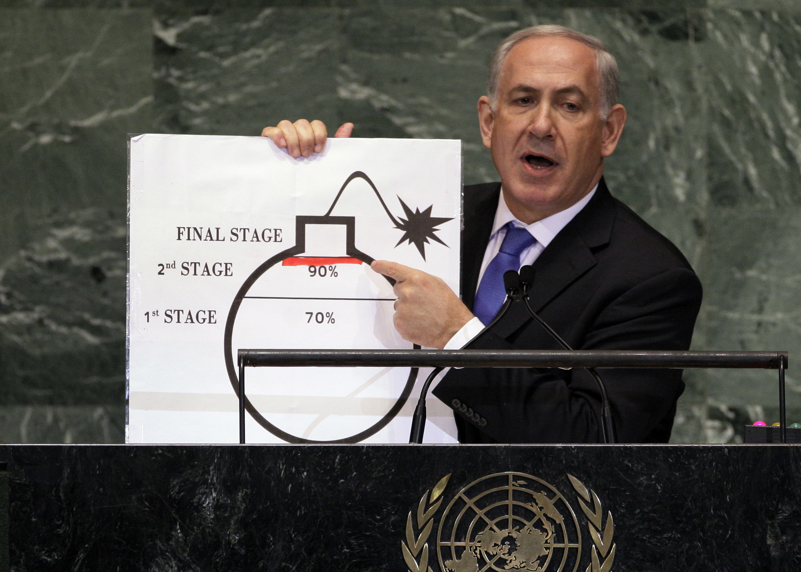 FILE - In this Sept. 27, 2012 file photo, Israeli Prime Minister Benjamin Netanyahu shows an illustration as he describes his concerns over Iran's nuclear ambitions during his address to the 67th session of the United Nations General Assembly at U.N. headquarters. (AP Photo/Richard Drew, File)