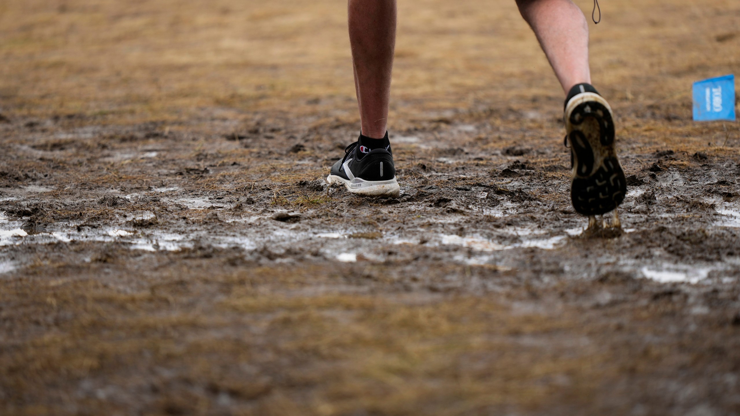A fan walks through a soggy puddle near the 14th hole during the third round of the U.S. Open golf tournament at Oakmont Country Club Saturday, June 14, 2025, in Oakmont, Pa. (AP Photo/Charlie Riedel)