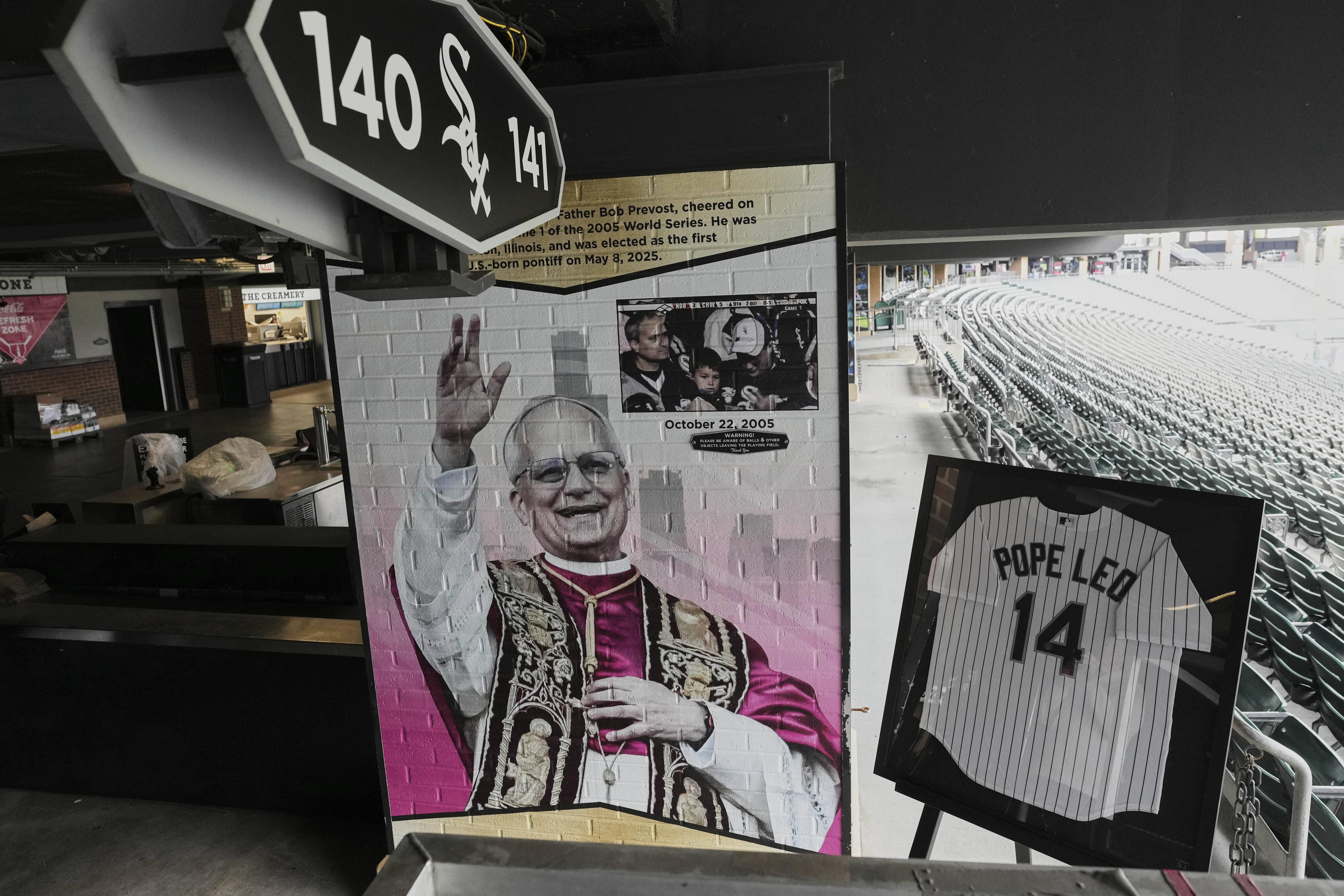 FILE - The Chicago White Sox commemorate the fandom of Pope Leo XIV with a graphic installation at Rate Field in Chicago, Monday, May 19, 2025. (AP Photo/Nam Y. Huh, File)