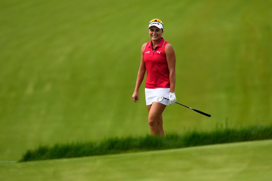 Lexi Thompson smiles on the 11th hole during the first round of the U.S. Women's Open golf tournament at Erin Hills Thursday, May 29, 2025, in Erin, Wis. (AP Photo/Matt York)