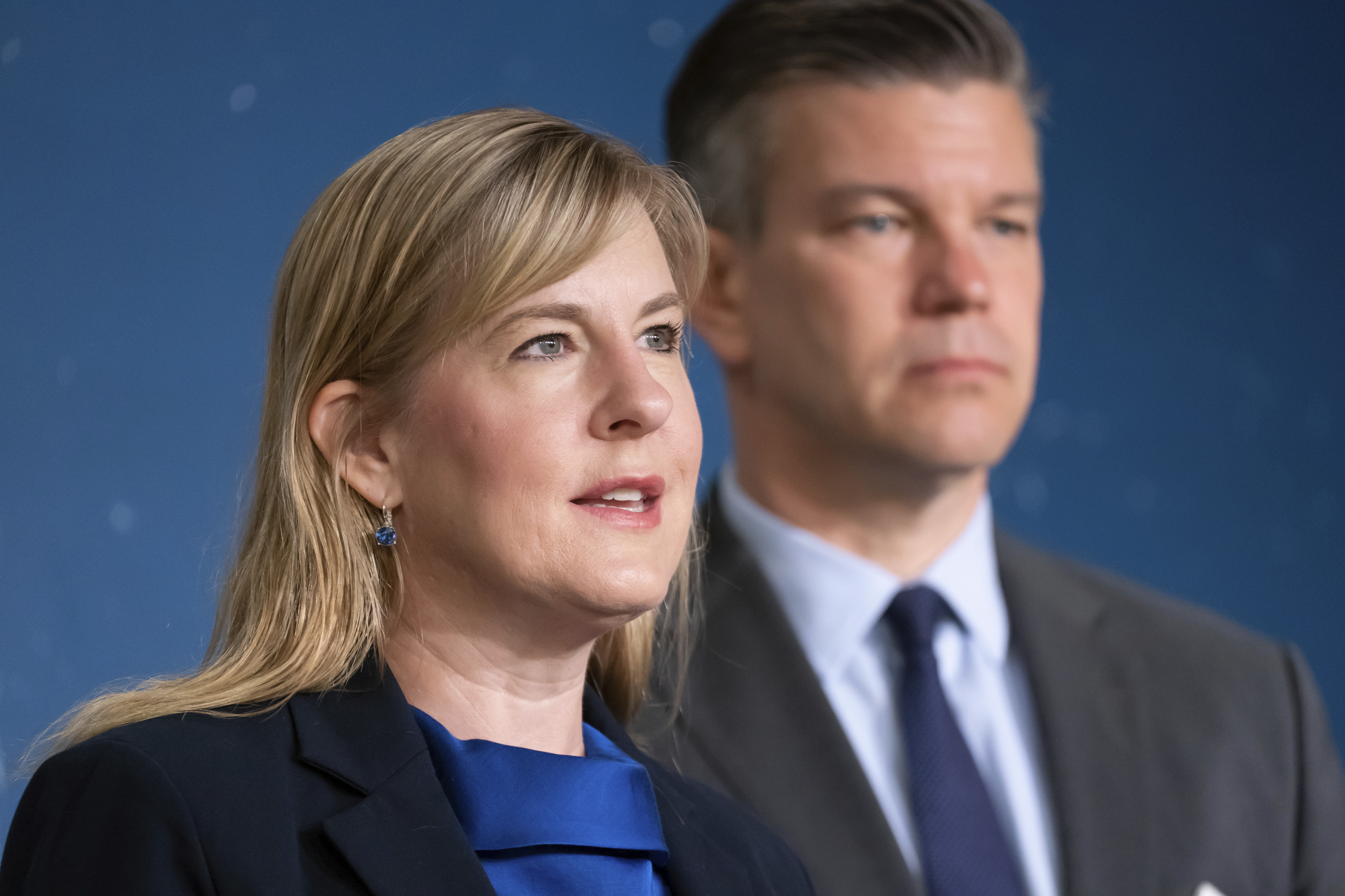 FILE - House Speaker Melissa Hortman, DFL-Brooklyn Park, attends a press conference in St. Paul, Minn., June 14, 2021. (Glen Stubbe/Star Tribune via AP File)