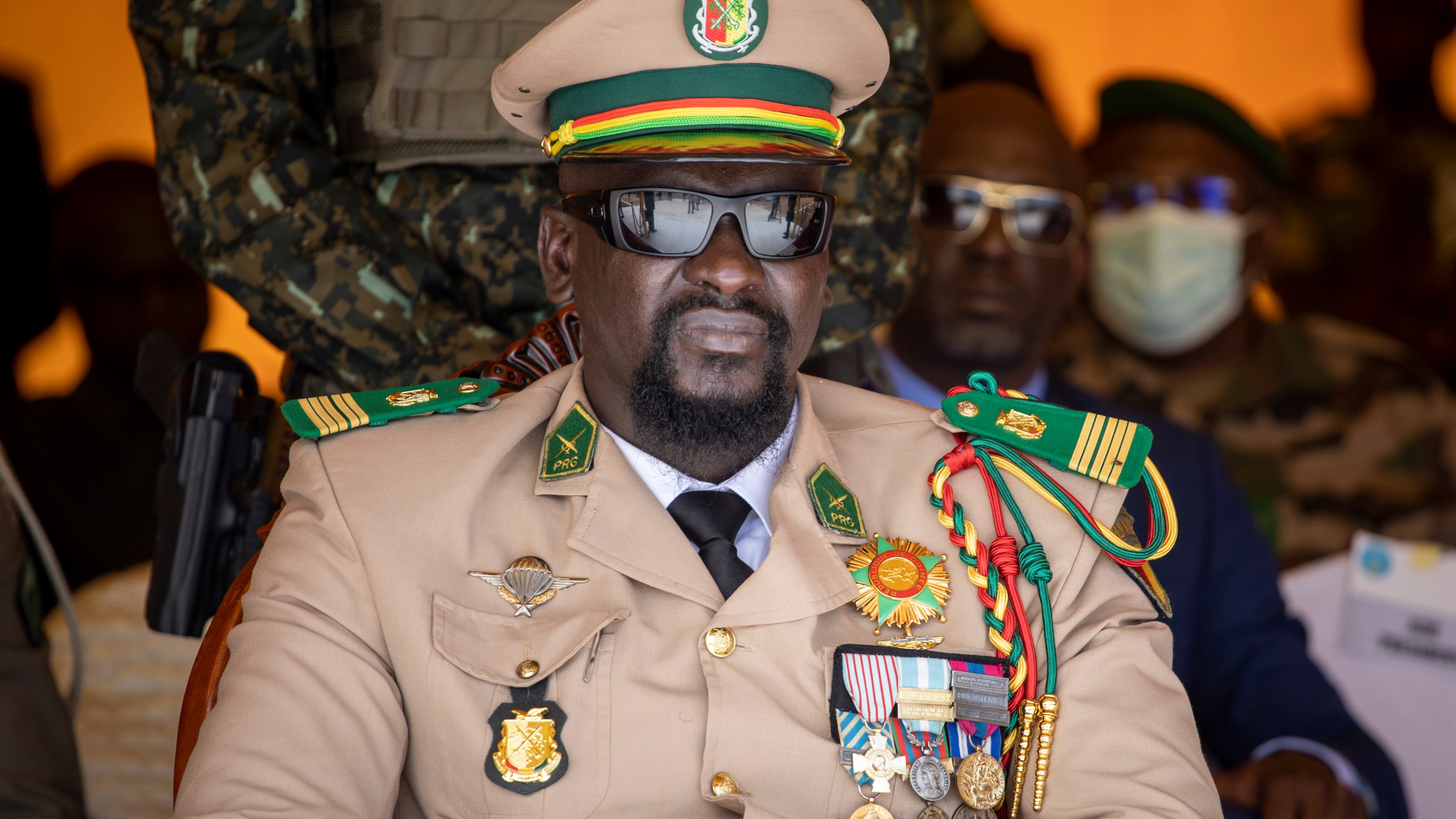 FILE - Guinea's junta leader Col. Mamady Doumbouya watches over an independence day military parade in Bamako, Mali on Sept. 22, 2022. (AP Photo, File)