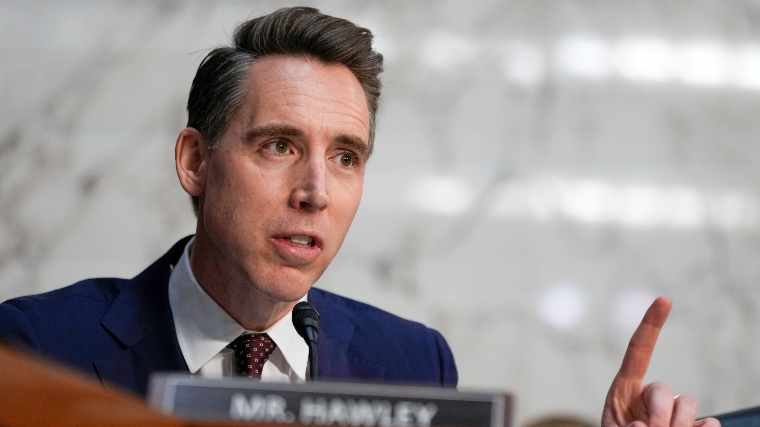 FILE - Sen. Josh Hawley, R-Mo., speaks during a confirmation hearing at the Capitol in Washington, Jan. 15, 2025. (AP Photo/Ben Curtis, File)