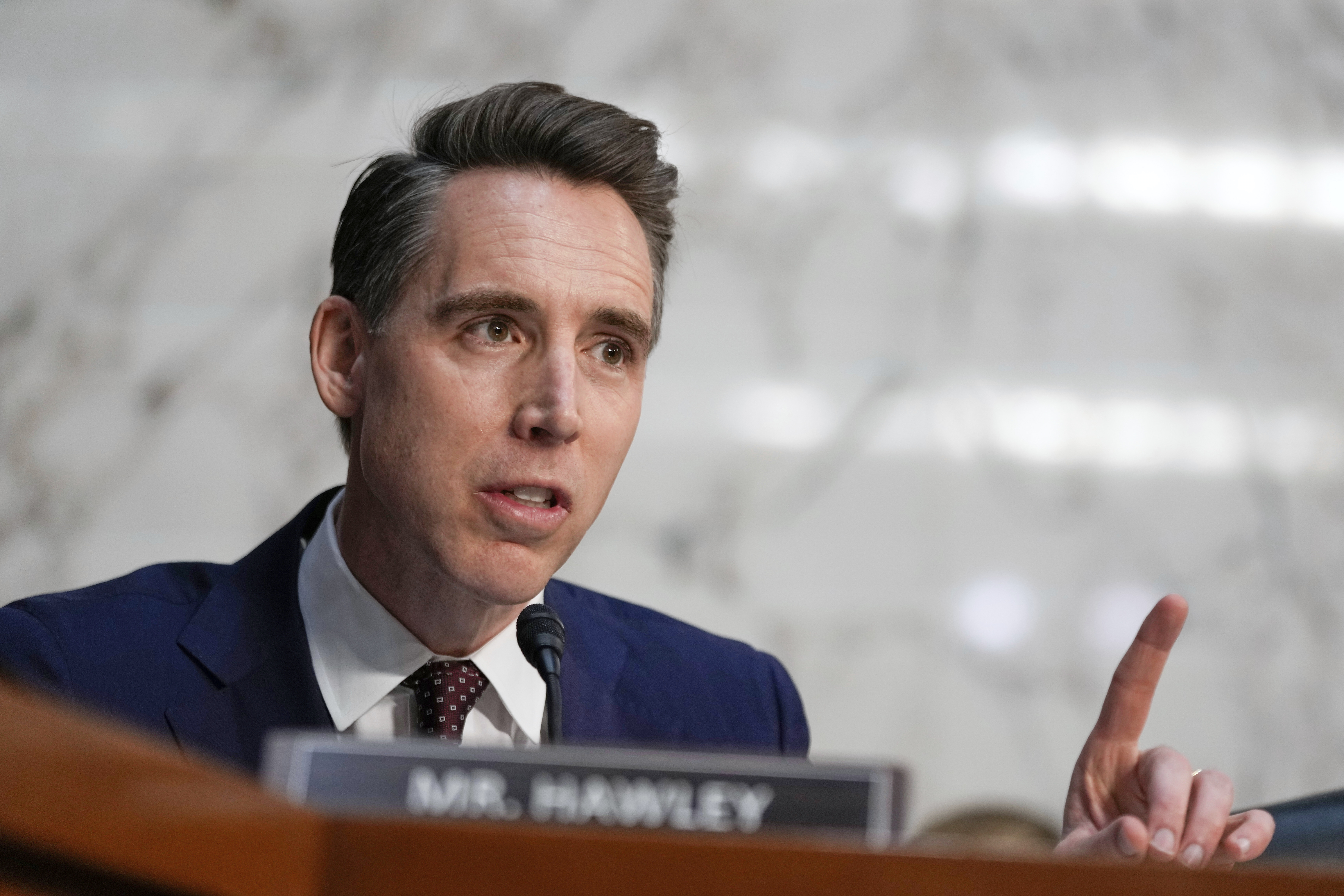 FILE - Sen. Josh Hawley, R-Mo., speaks during a confirmation hearing at the Capitol in Washington, Jan. 15, 2025. (AP Photo/Ben Curtis, File)