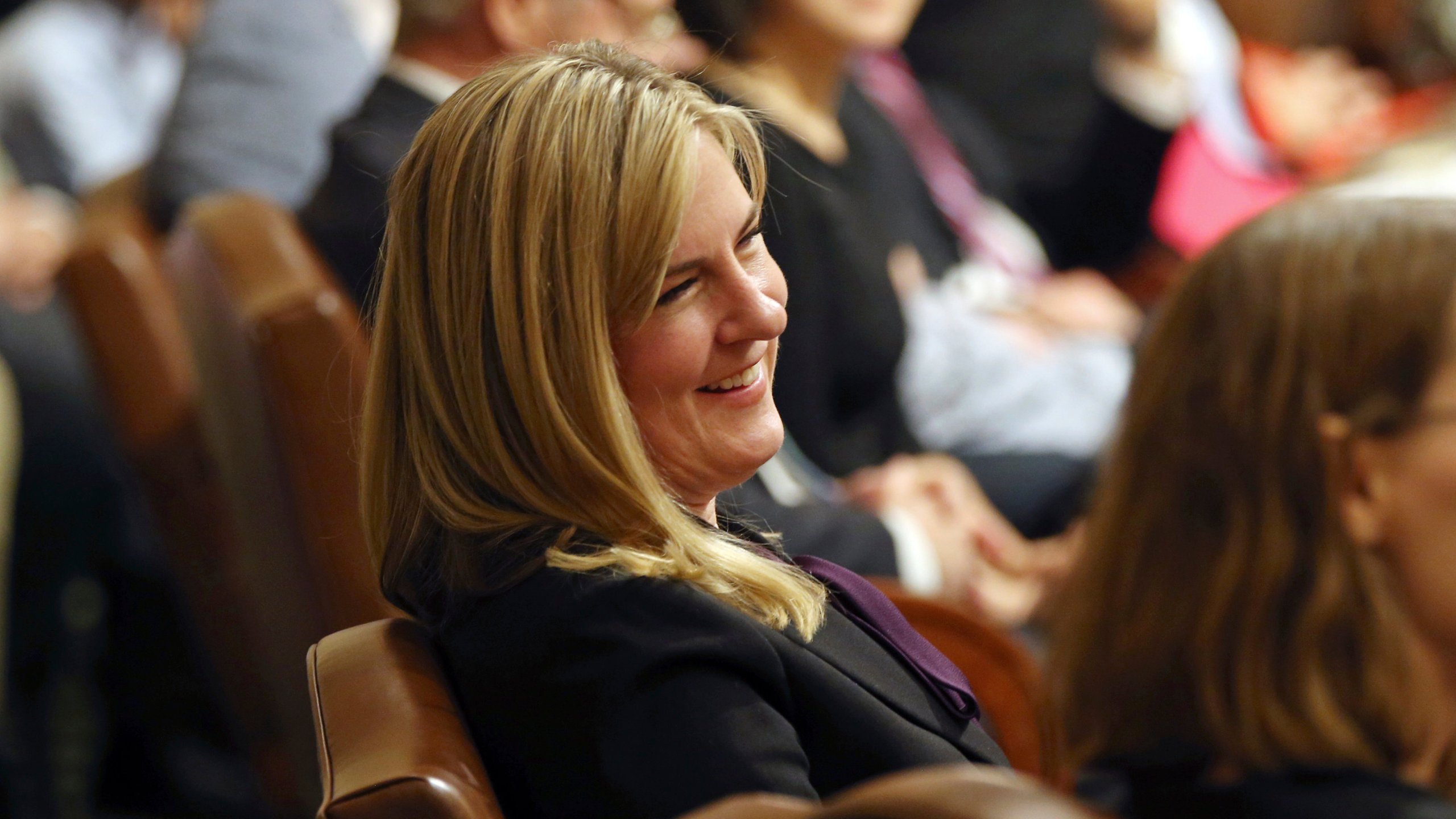 FILE - State Rep. Melissa Hortman, D-Brooklyn Park, smiles during the nomination process before she was elected speaker of the Minnesota House as the 2019 Legislature convened, in St. Paul, Minn., Jan. 8, 2019. (AP Photo/Jim Mone, File)