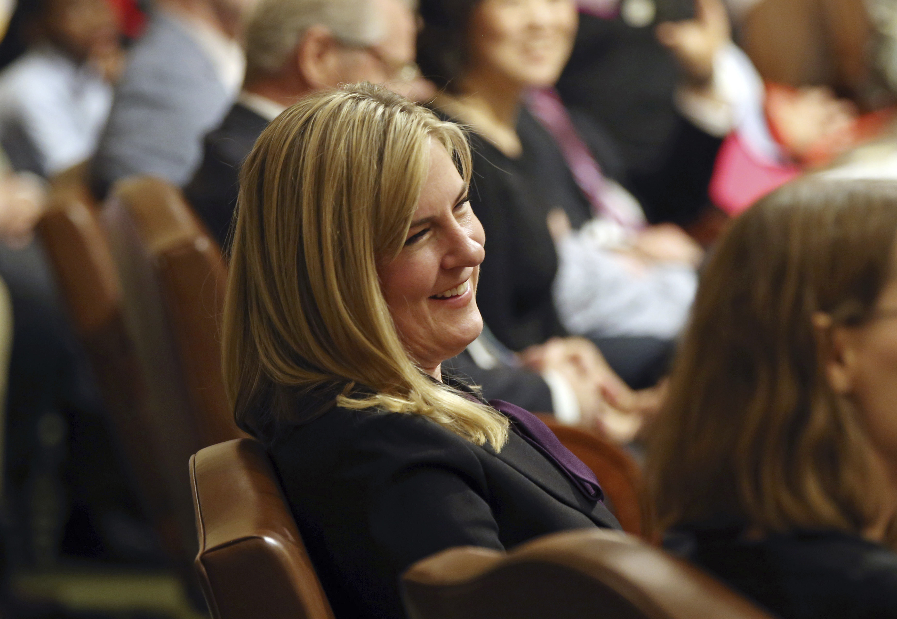FILE - State Rep. Melissa Hortman, D-Brooklyn Park, smiles during the nomination process before she was elected speaker of the Minnesota House as the 2019 Legislature convened, in St. Paul, Minn., Jan. 8, 2019. (AP Photo/Jim Mone, File)