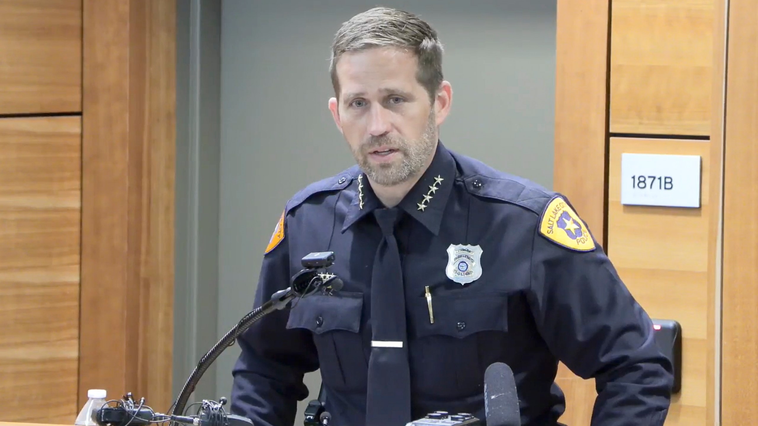 In this image taken from video provided by the Salt Lake City Police Department, Salt Lake City Police Chief Brian Redd speaks to the media during a press conference Sunday, June 15, 2025, about a June 14 shooting incident at a demonstration in Salt Lake City. (Salt Lake City Police Department via AP)