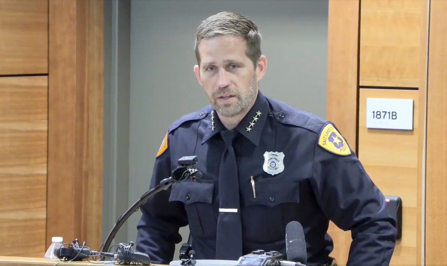 In this image taken from video provided by the Salt Lake City Police Department, Salt Lake City Police Chief Brian Redd speaks to the media during a press conference Sunday, June 15, 2025, about a June 14 shooting incident at a demonstration in Salt Lake City. (Salt Lake City Police Department via AP)