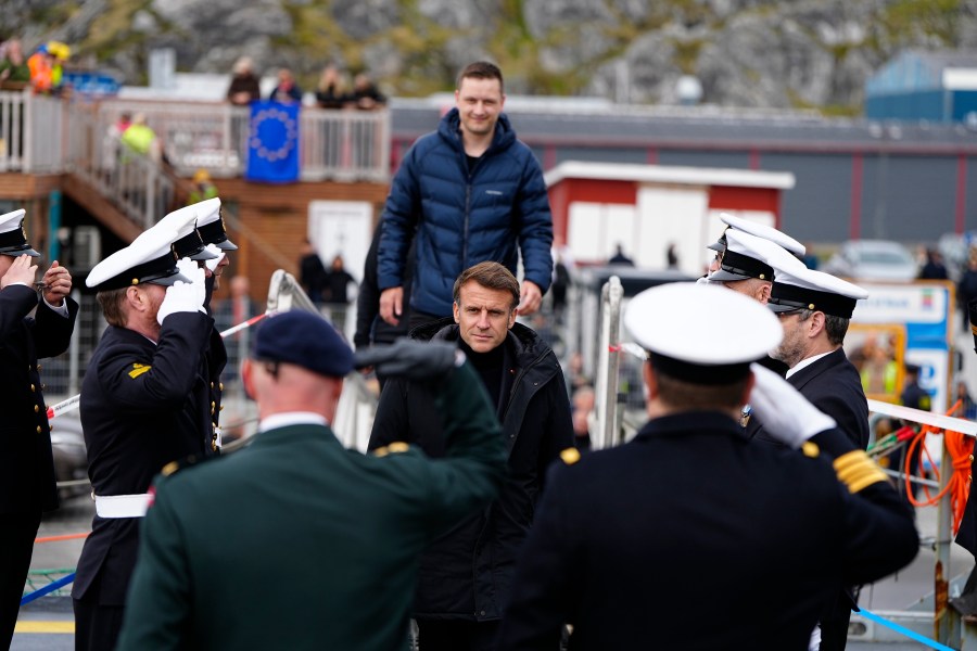 French President Emmanuel Macron visits the Danish frigate F363 Niels Juel in Nuuk, Greenland, on Sunday, June 15, 2025. (Mads Claus Rasmussen/Scanpix via AP)