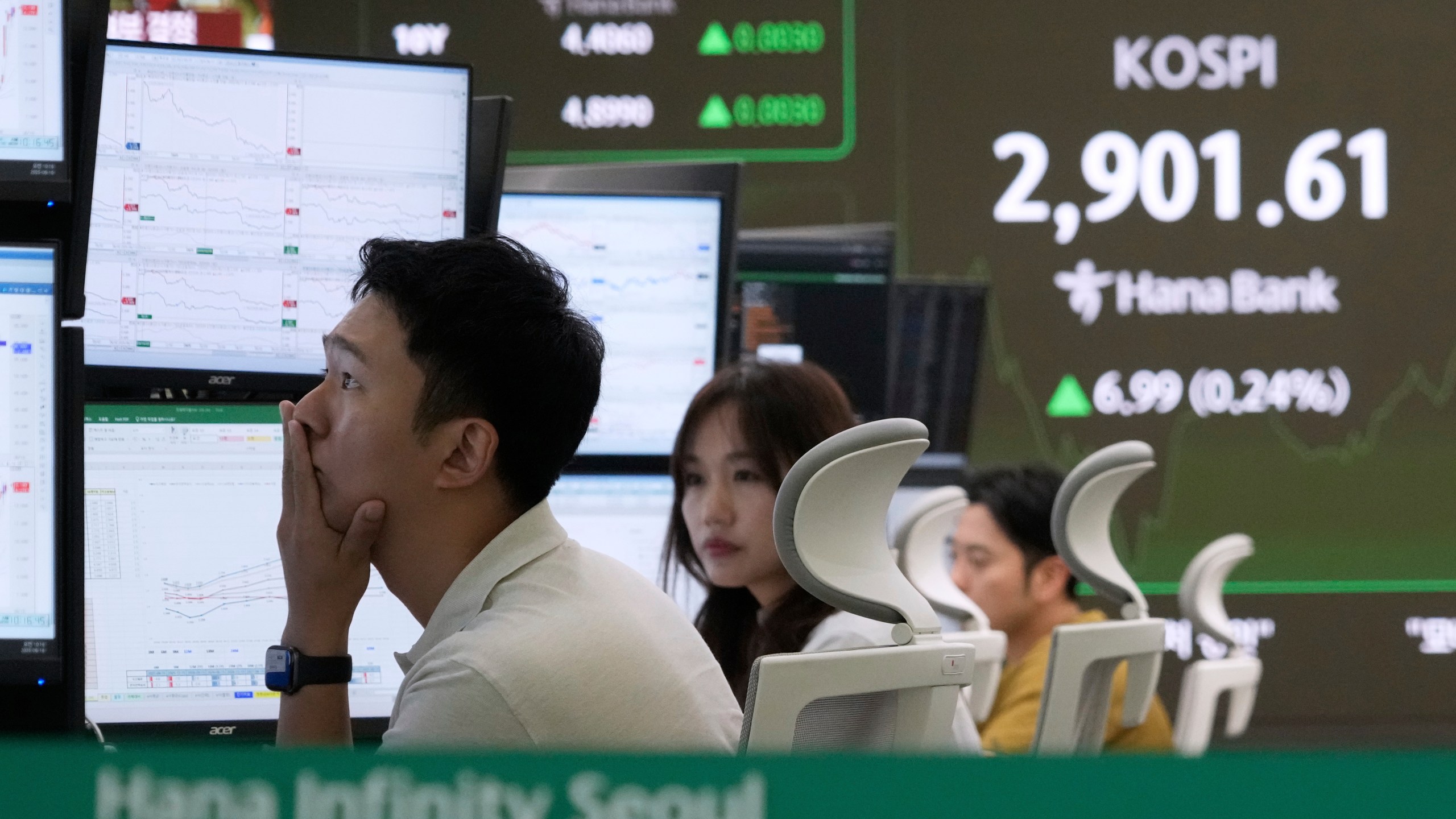 A currency trader watches monitors near a screen showing the Korea Composite Stock Price Index (KOSPI) at the foreign exchange dealing room of the KEB Hana Bank headquarters in Seoul, South Korea, Monday, June 16, 2025. (AP Photo/Ahn Young-joon)
