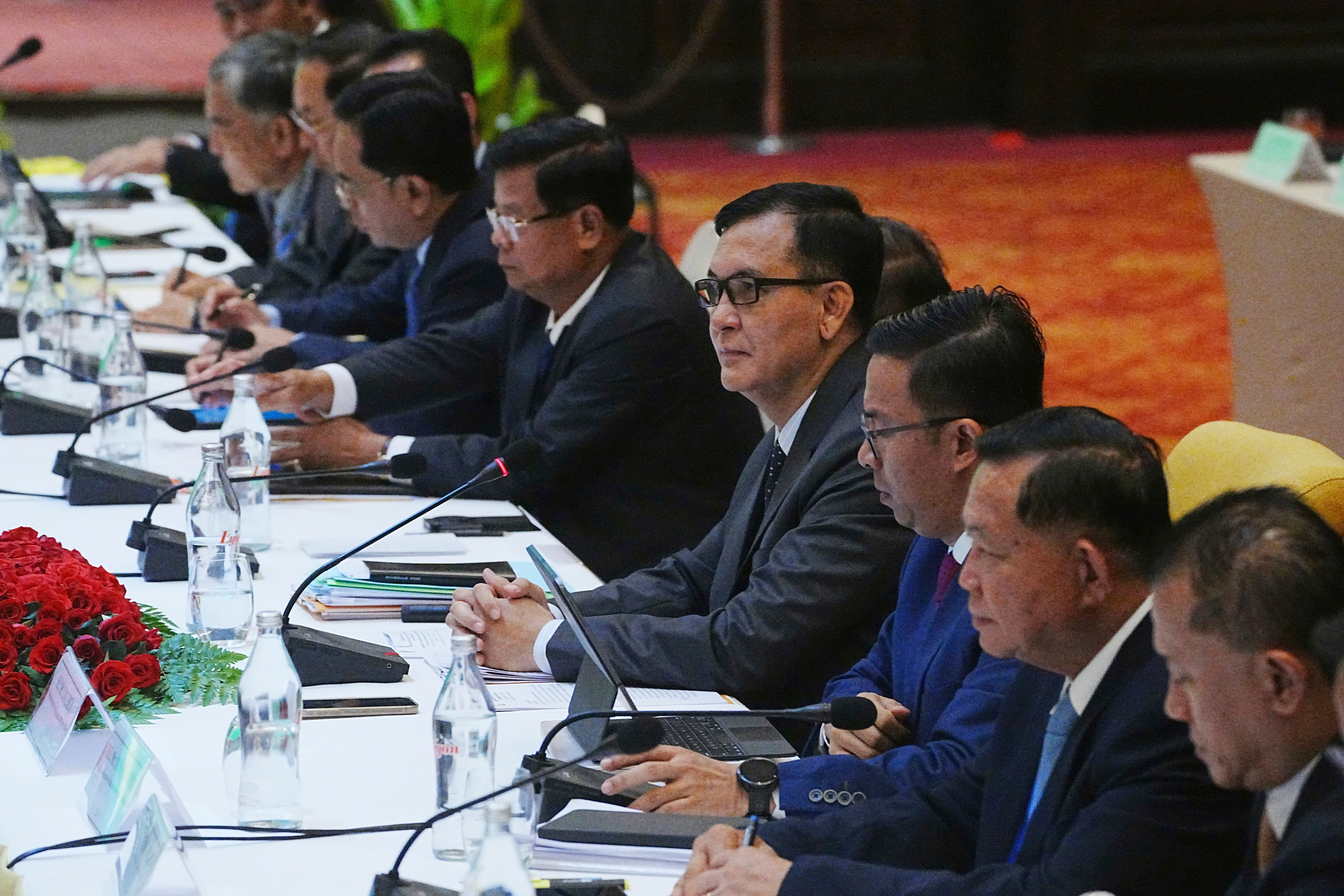 Cambodian Minister in charge of State Secretariat of Border Affairs Lam Chea, center, attends a meeting of the Cambodian-Thai joint commission on demarcation for land boundary in Phnom Penh, Cambodia, Saturday, June 14, 2025. (AP Photo/Heng Sinith)