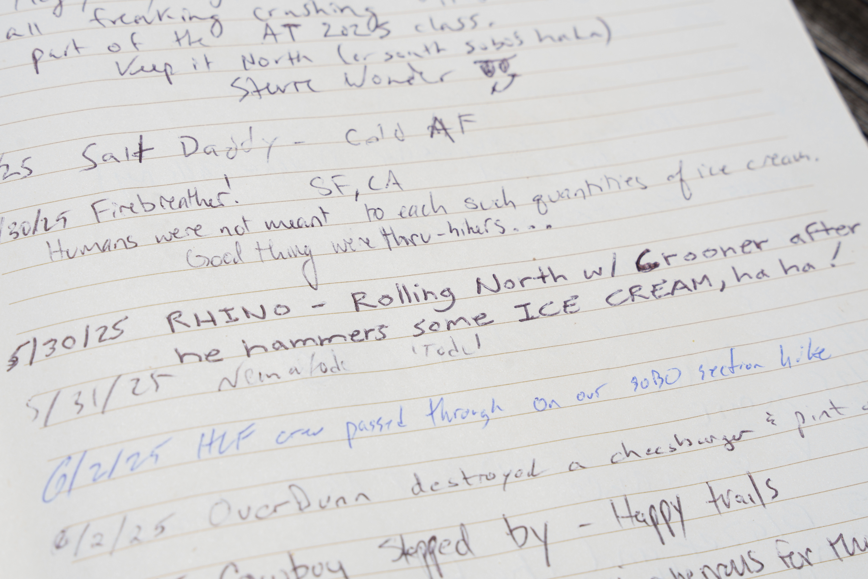 Entries in a hiker logbook at Pine Grove Furnace State Park in Pennsylvania on Tuesday, June 10, 2025. (AP Photo/Mingson Lau)