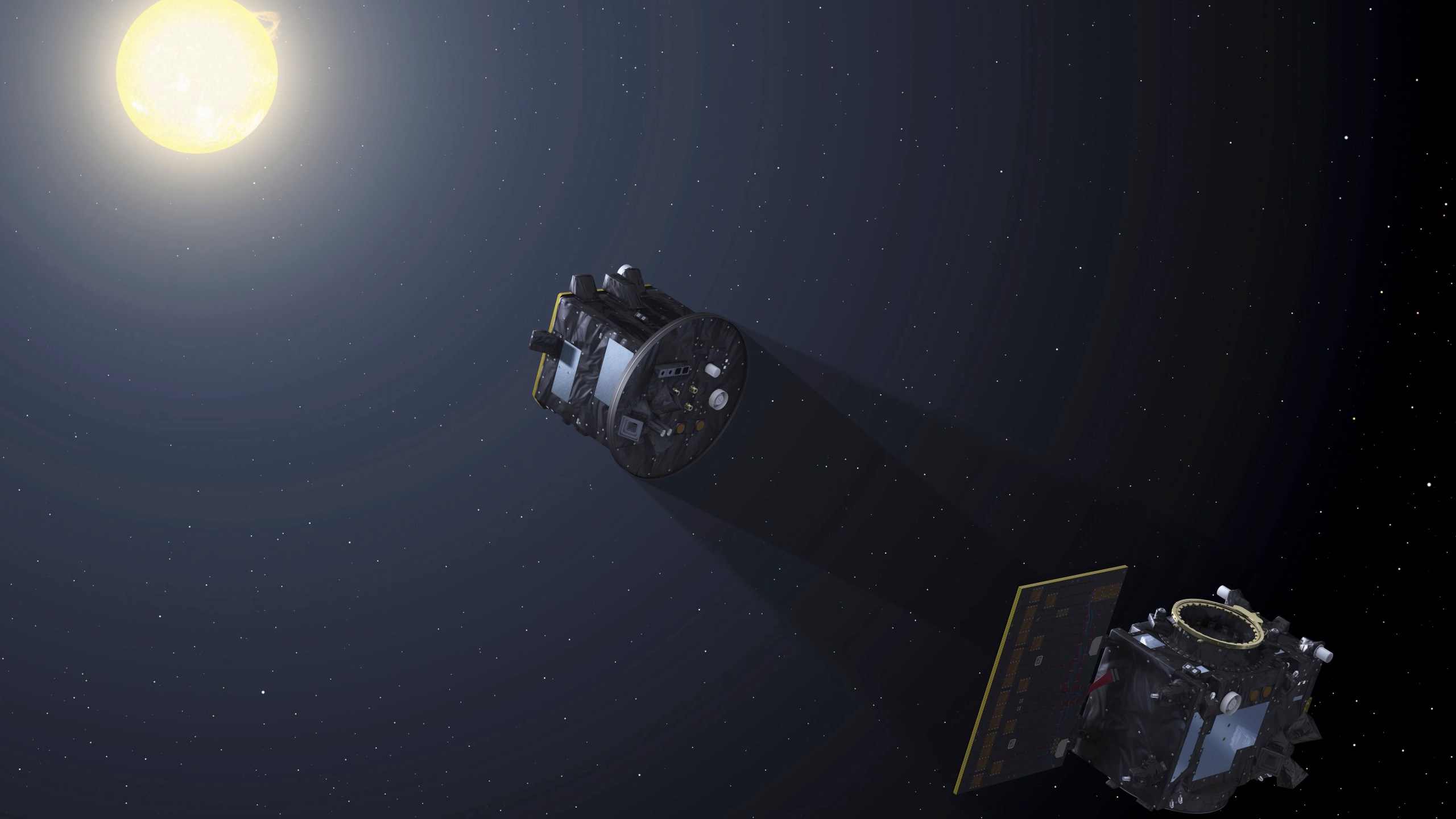 This image provided by the European Space Agency depicts the two spacecraft of the Proba-3 mission aligning to create an eclipse to capture a coronagraph in space. (P. Carril/ESA via AP)