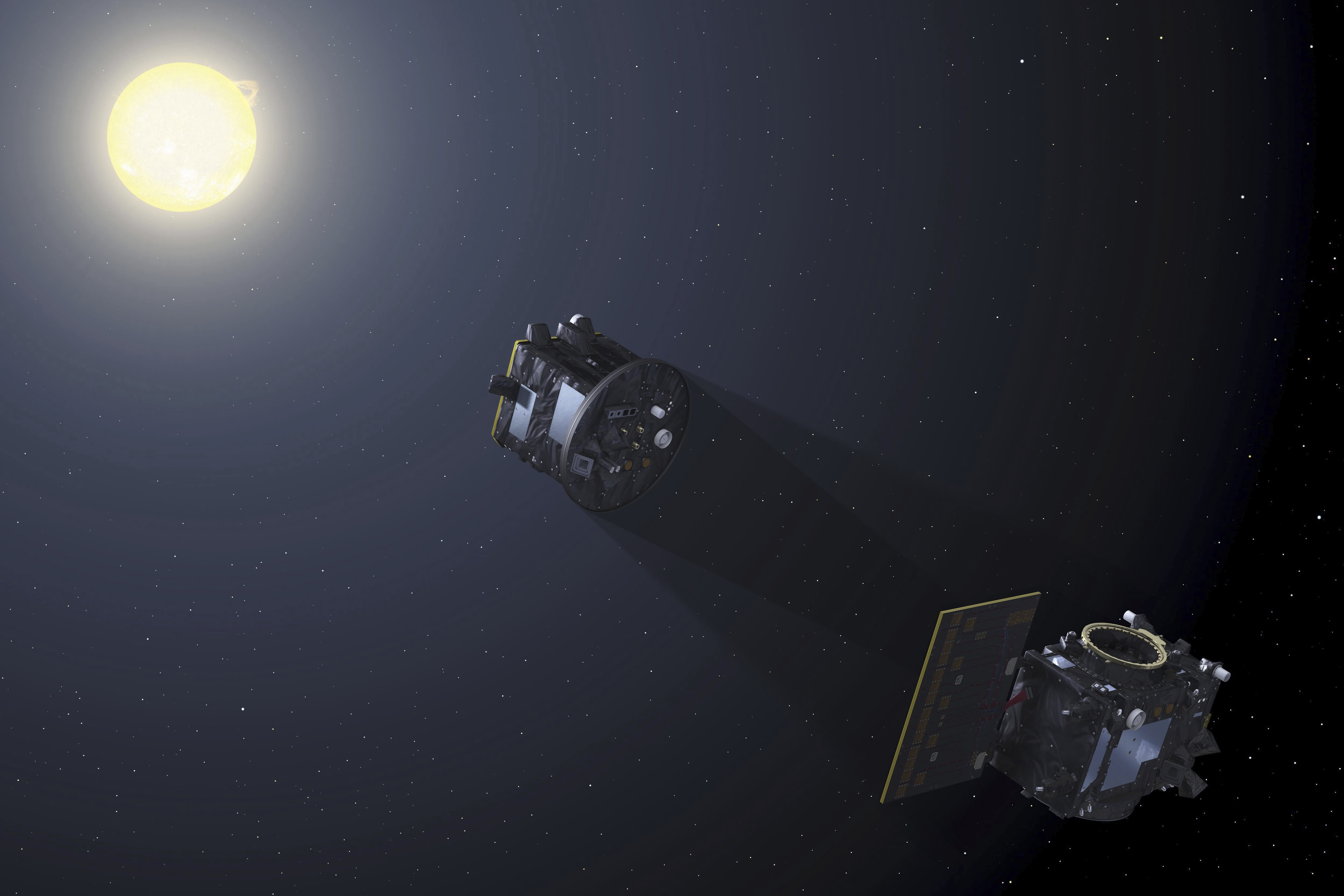 This image provided by the European Space Agency depicts the two spacecraft of the Proba-3 mission aligning to create an eclipse to capture a coronagraph in space. (P. Carril/ESA via AP)
