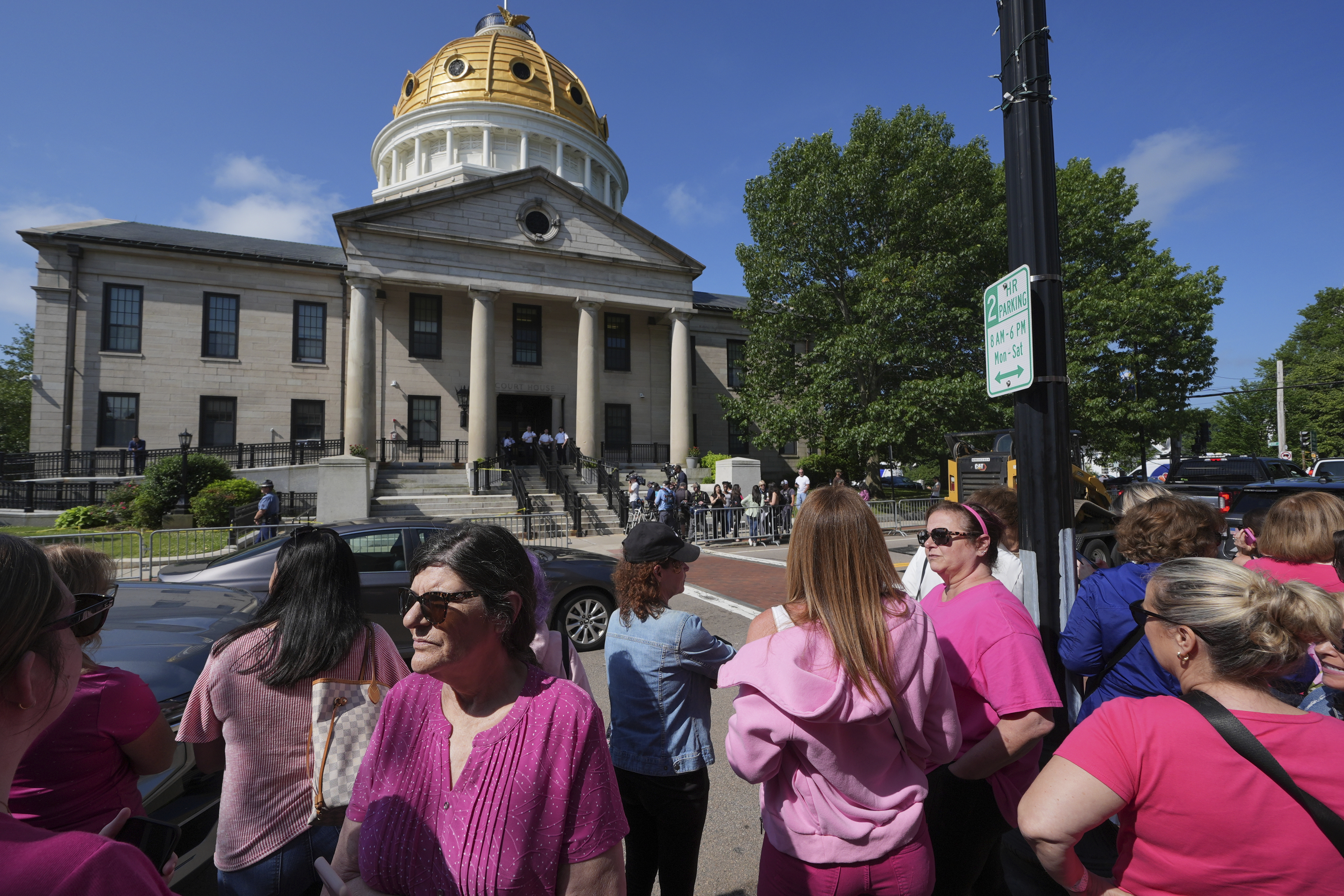 Supporters gather outside Norfolk Superior Court during the Karen Read trial, Monday, June 16, 2025, in Dedham, Mass. (AP Photo/Charles Krupa)