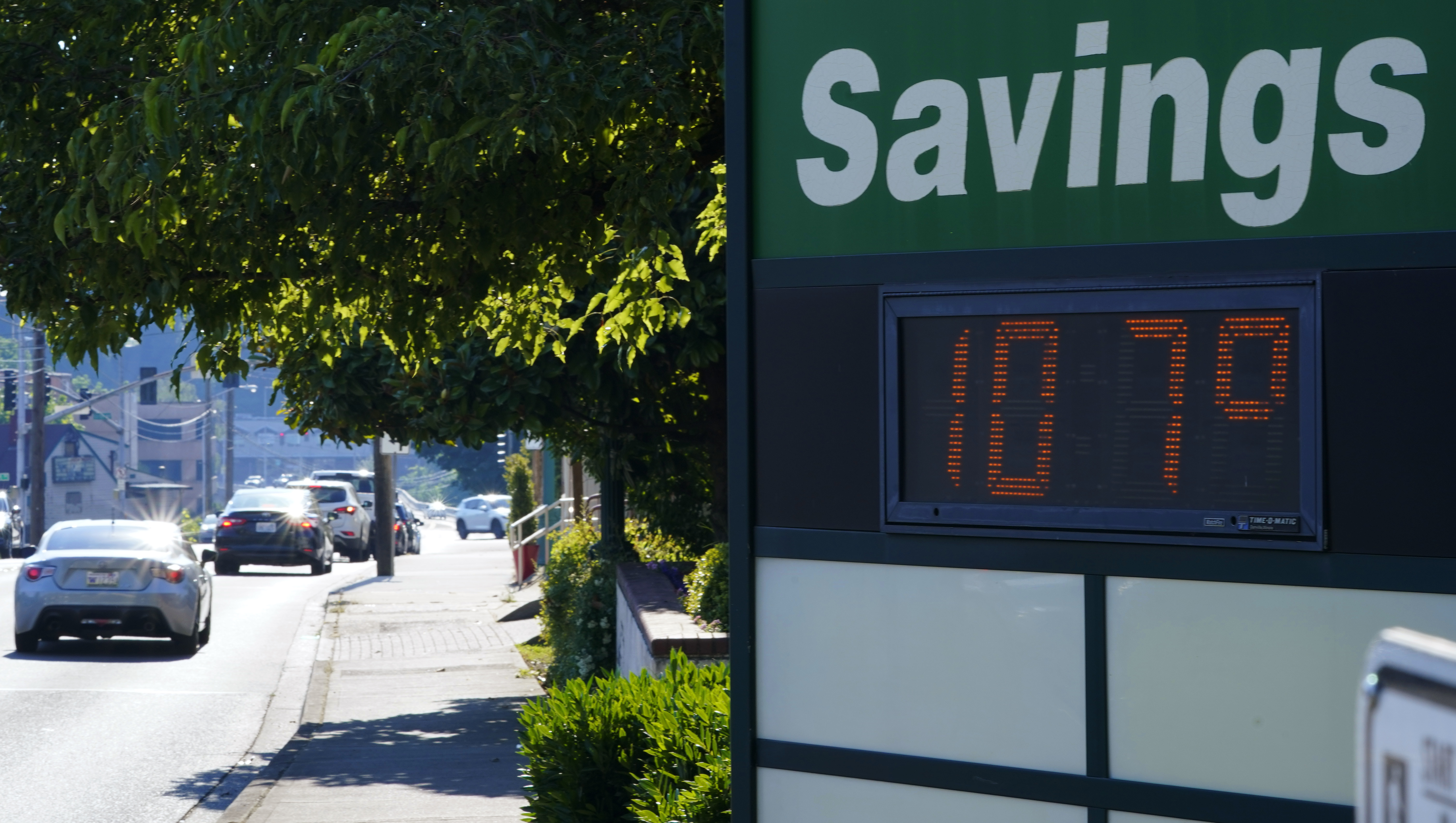 FILE - A display at an Olympia Federal Savings branch shows a temperature of 107 degrees Fahrenheit, Monday, June 28, 2021, in the early evening in Olympia, Wash. (AP Photo/Ted S. Warren, File)