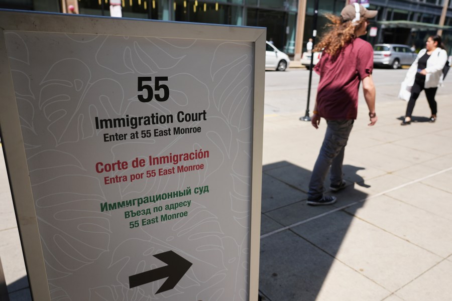 A sign of Immigration Court is displayed outside of Immigration Court, Monday, June 16, 2025, in Chicago. (AP Photo/Nam Y. Huh)