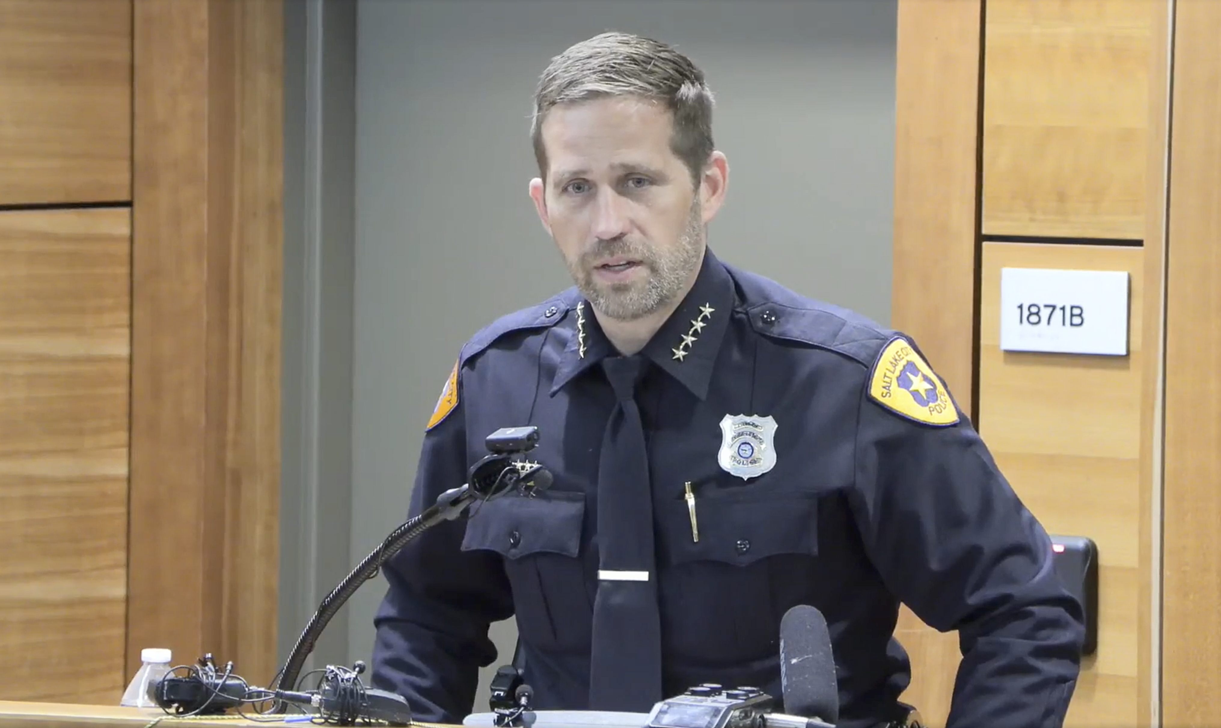 In this image taken from video provided by the Salt Lake City Police Department, Salt Lake City Police Chief Brian Redd speaks to the media during a press conference Sunday, June 15, 2025, about a June 14 shooting incident at a demonstration in Salt Lake City. (Salt Lake City Police Department via AP)