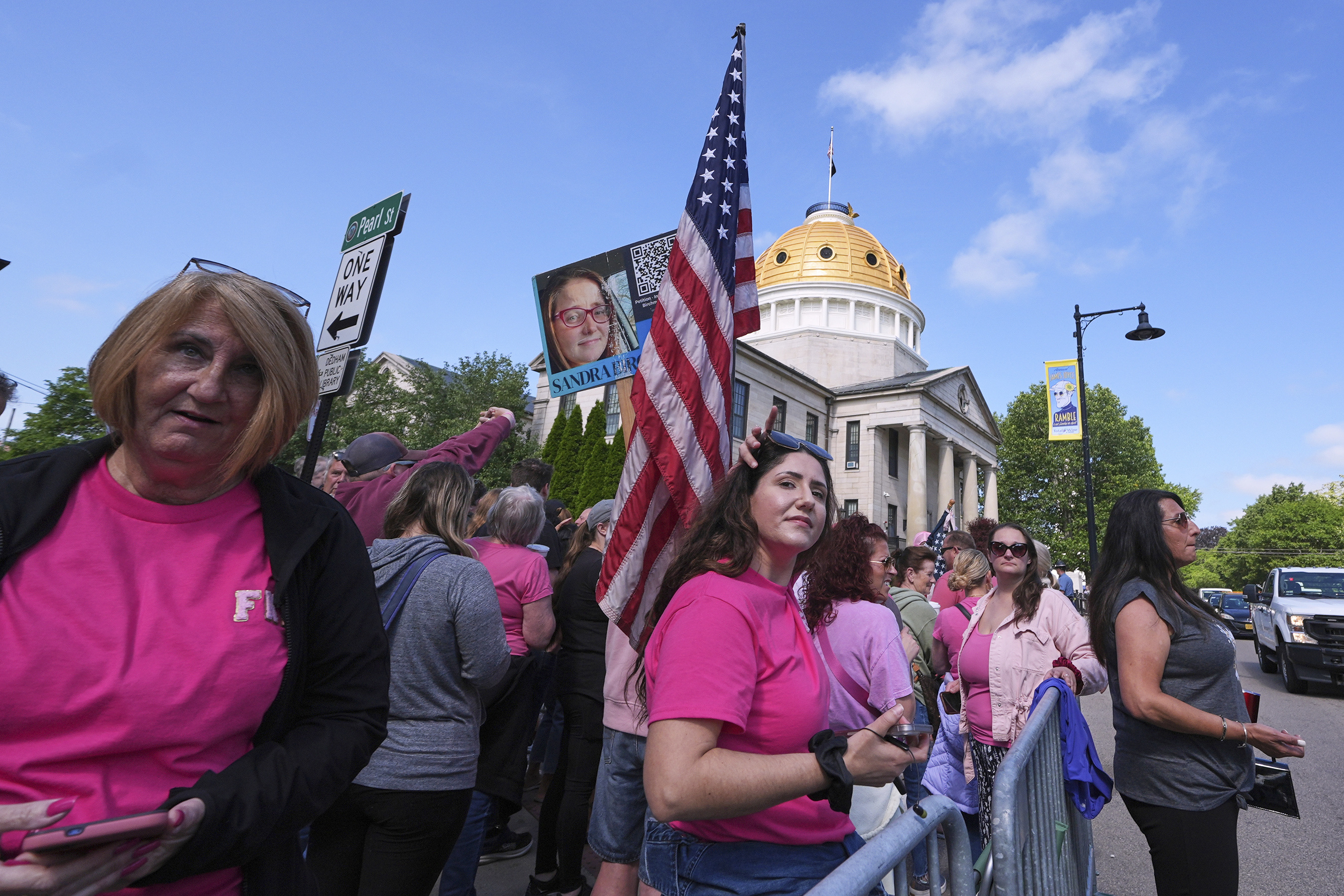 Supporters gather outside Norfolk Superior Court during the Karen Read trial, Monday, June 16, 2025, in Dedham, Mass. (AP Photo/Charles Krupa)