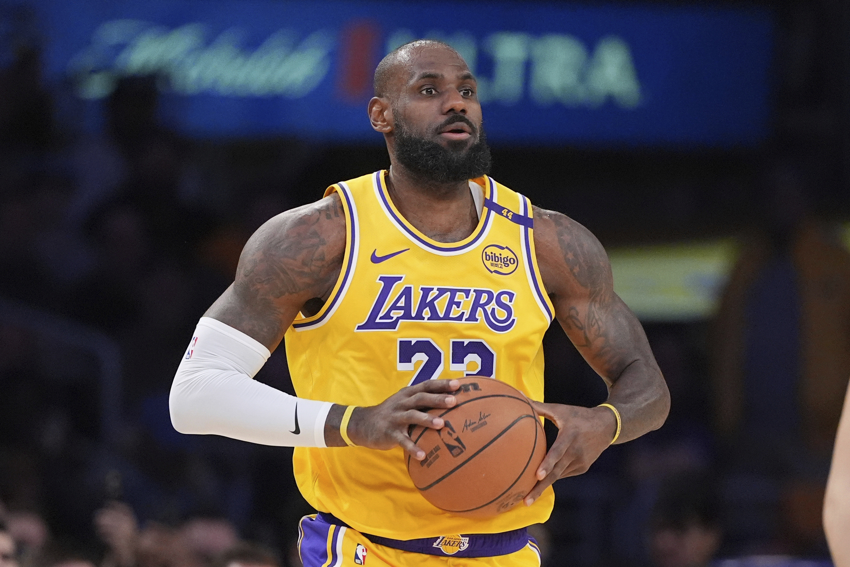 FILE - Los Angeles Lakers forward LeBron James appears during the first half of an NBA basketball game against the Utah Jazz, on Feb. 10, 2025, in Los Angeles. (AP Photo/Mark J. Terrill, File)
