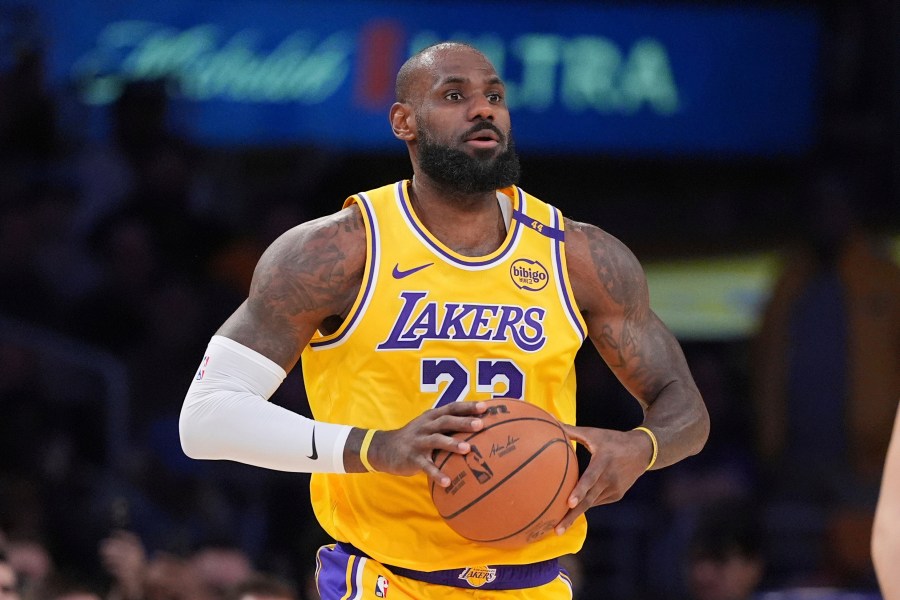 FILE - Los Angeles Lakers forward LeBron James appears during the first half of an NBA basketball game against the Utah Jazz, on Feb. 10, 2025, in Los Angeles. (AP Photo/Mark J. Terrill, File)