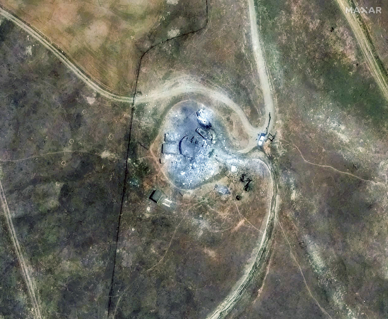 This satellite image provided by Maxar Technologies shows the Piranshahr facility in Iran after being hit by Israeli airstrikes, on Saturday, June 14, 2025. (Maxar Technologies via AP)