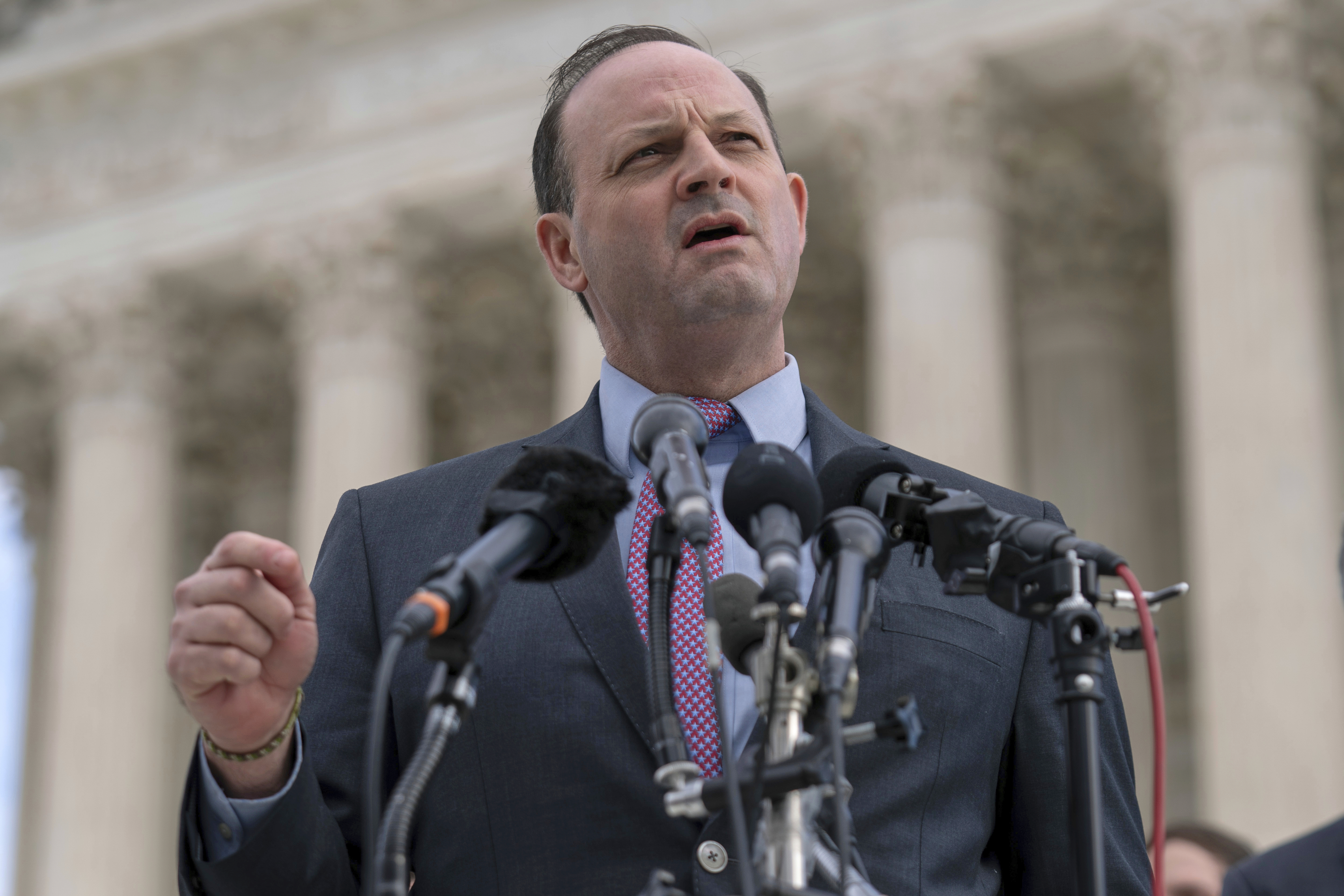 FILE - South Carolina Attorney General Alan Wilson talks to reporters outside of the Supreme Court, Dec. 4, 2024, in Washington. (AP Photo/Jose Luis Magana, File)