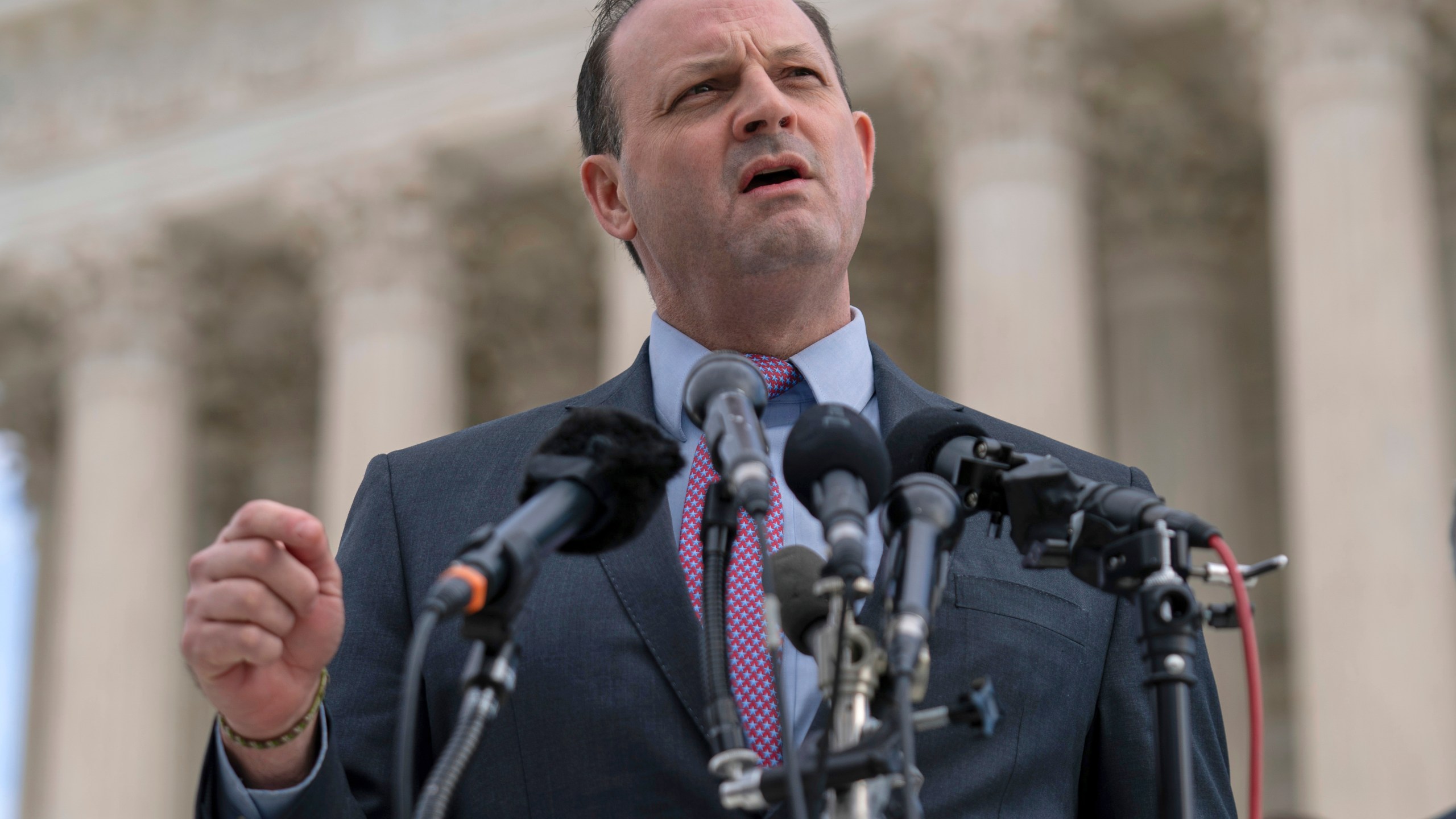 FILE - South Carolina Attorney General Alan Wilson talks to reporters outside of the Supreme Court, Dec. 4, 2024, in Washington. (AP Photo/Jose Luis Magana, File)