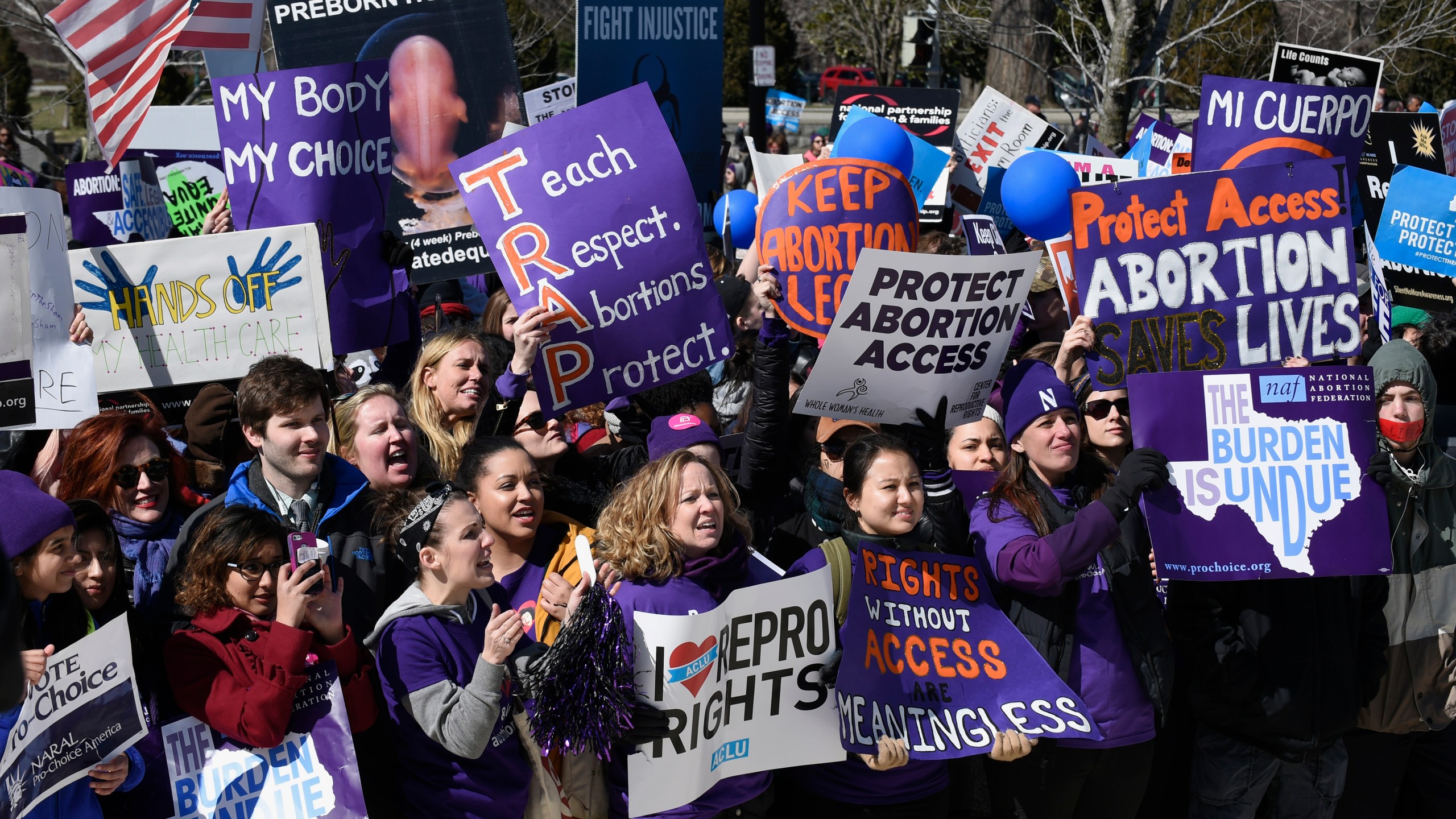 FILE - Pro-abortion rights protesters rally outside the Supreme Court in Washington, Wednesday, March 2, 2016. (AP Photo/Susan Walsh, File)