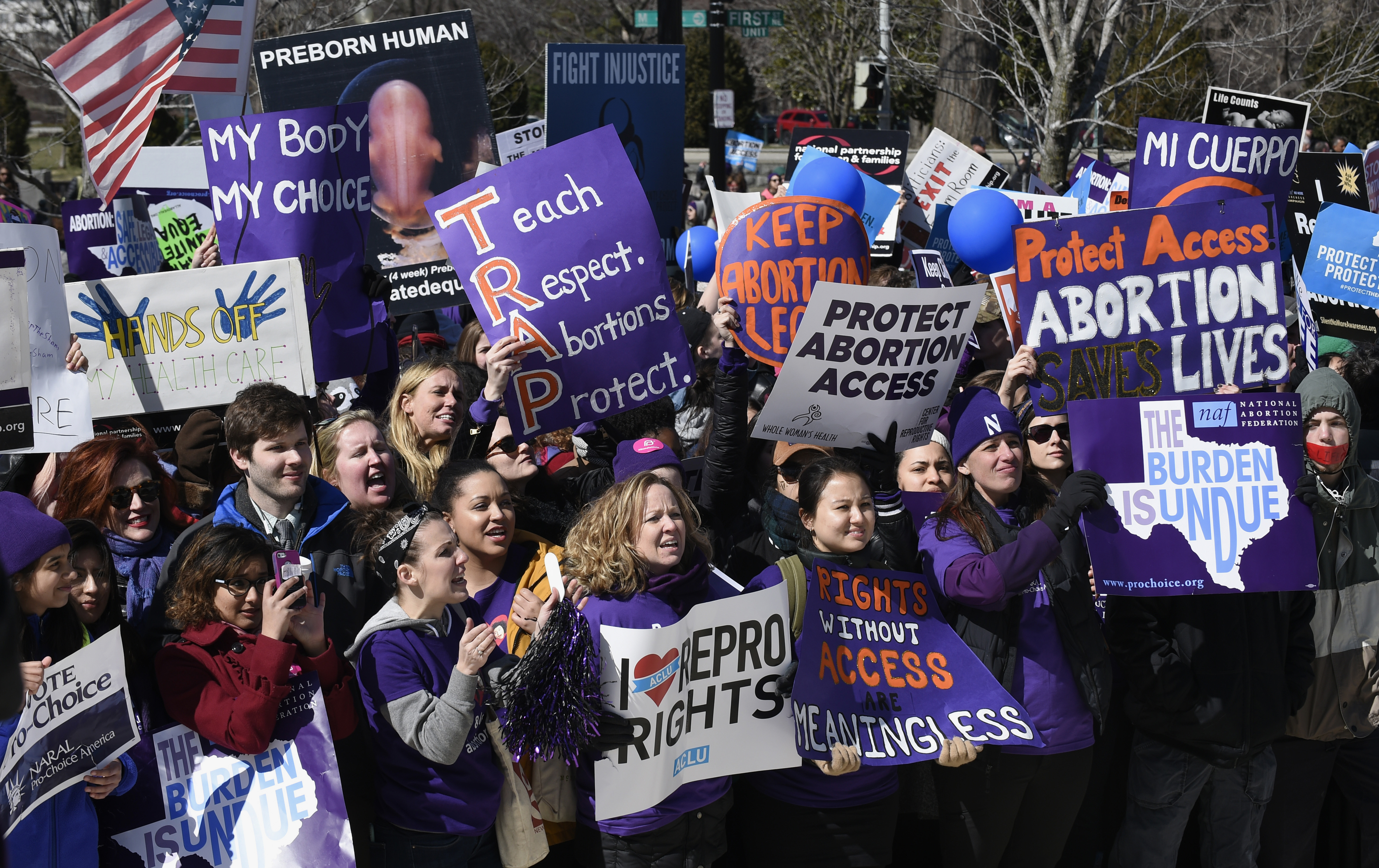 FILE - Pro-abortion rights protesters rally outside the Supreme Court in Washington, Wednesday, March 2, 2016. (AP Photo/Susan Walsh, File)