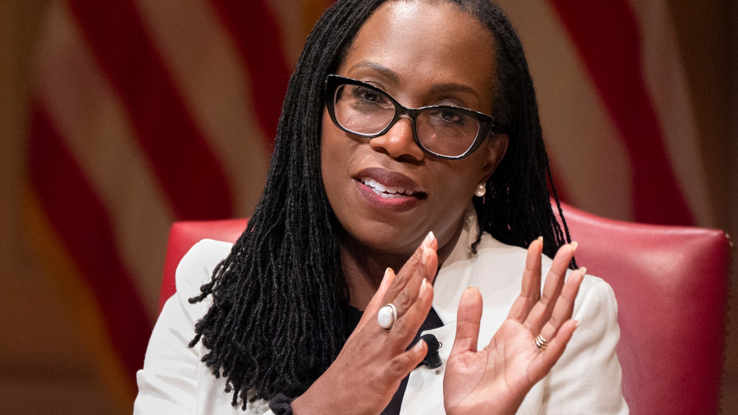 File - Supreme Court Justice Ketanji Brown Jackson speaks to the 2025 Supreme Court Fellows Program, Feb. 13, 2025, at the Library of Congress in Washington. (AP Photo/Jacquelyn Martin, Pool, File)